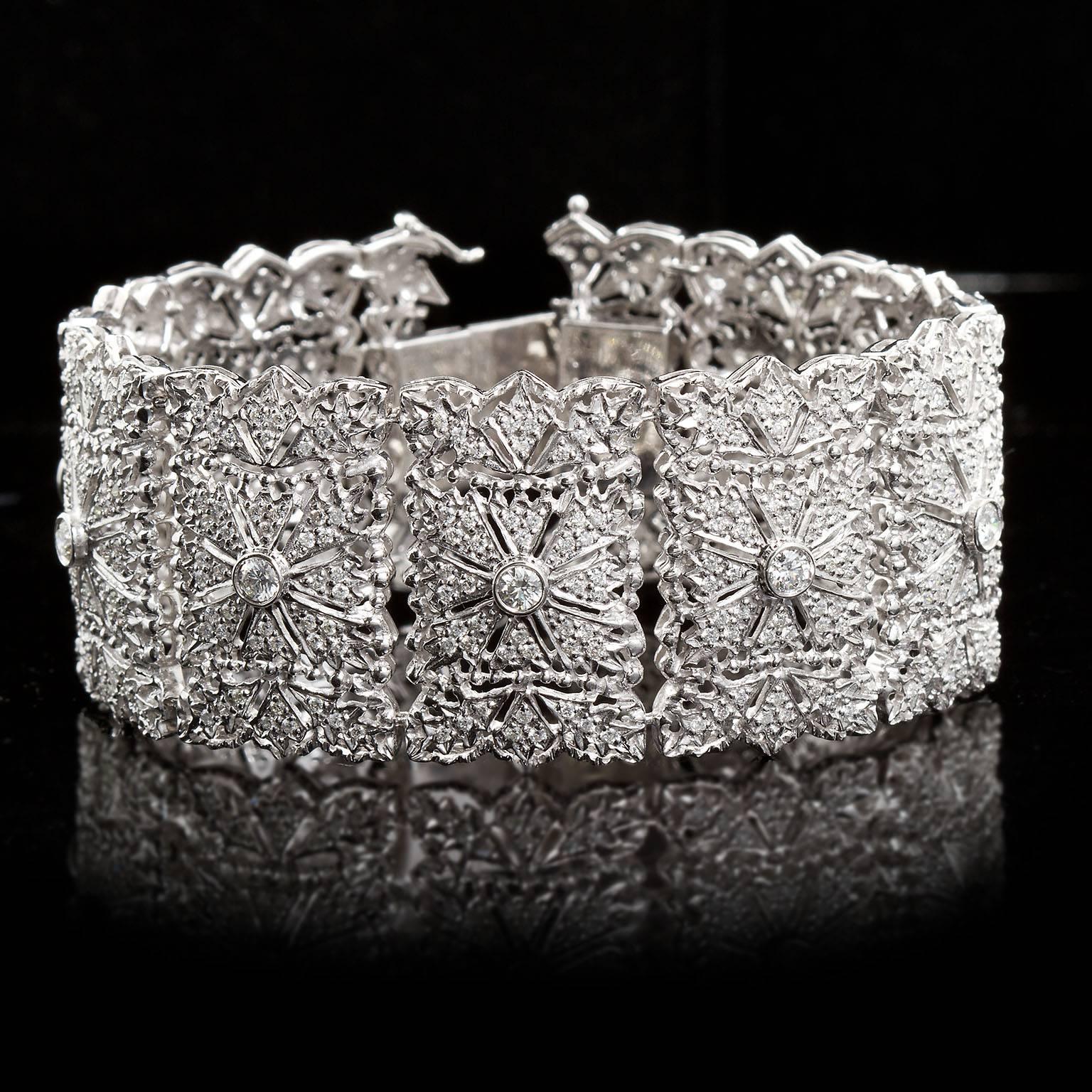 A fine diamond in white gold bracelet. Inspired by the legendary Italian metalworker Buccellati, this wide bracelet has the open lattice and delicate metalwork in ten sections delicately micro set with approx. 7.80 carats of diamond pavé. Another