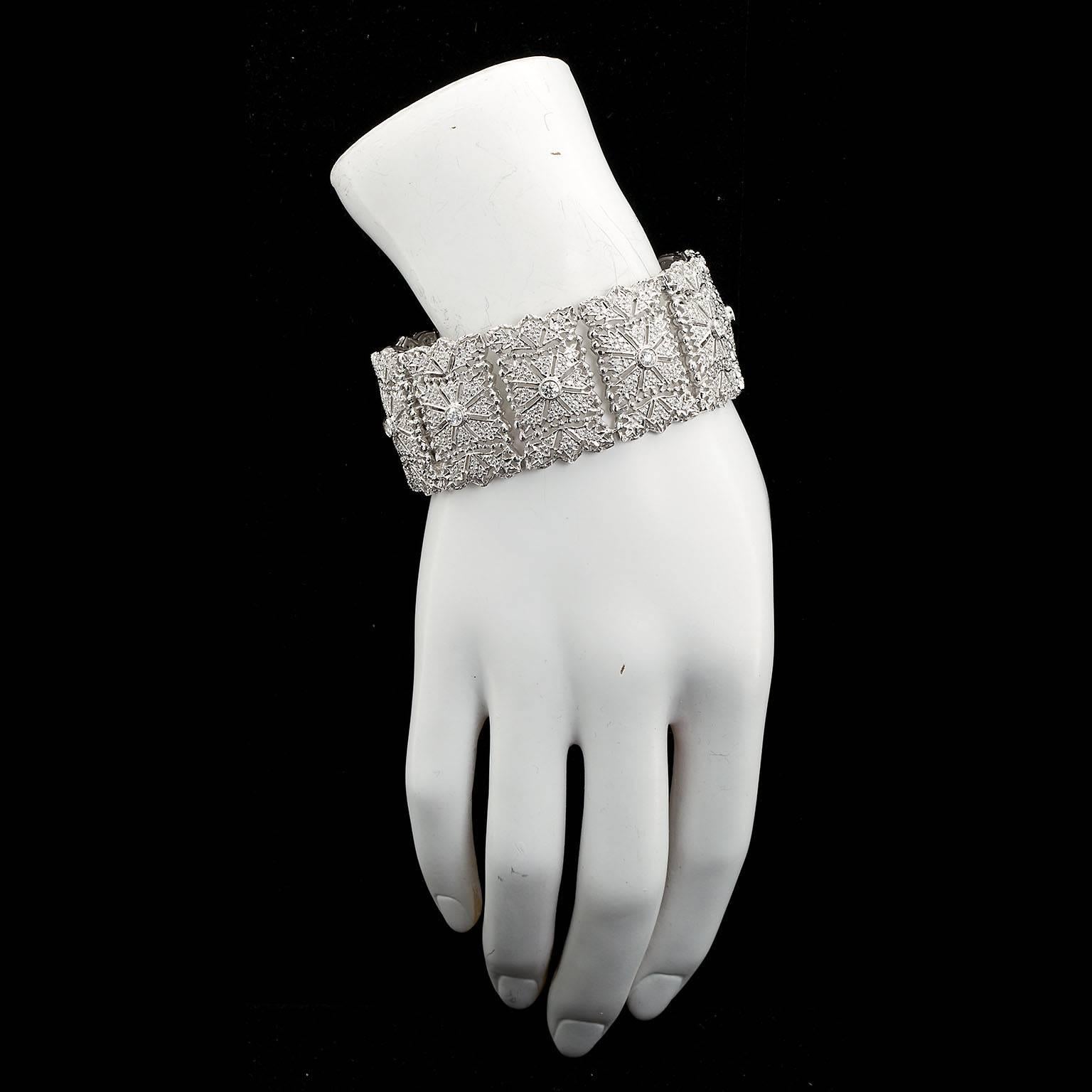 Women's Italian Inspired Openwork Diamond White Gold Wide Bracelet 9.80 Carat