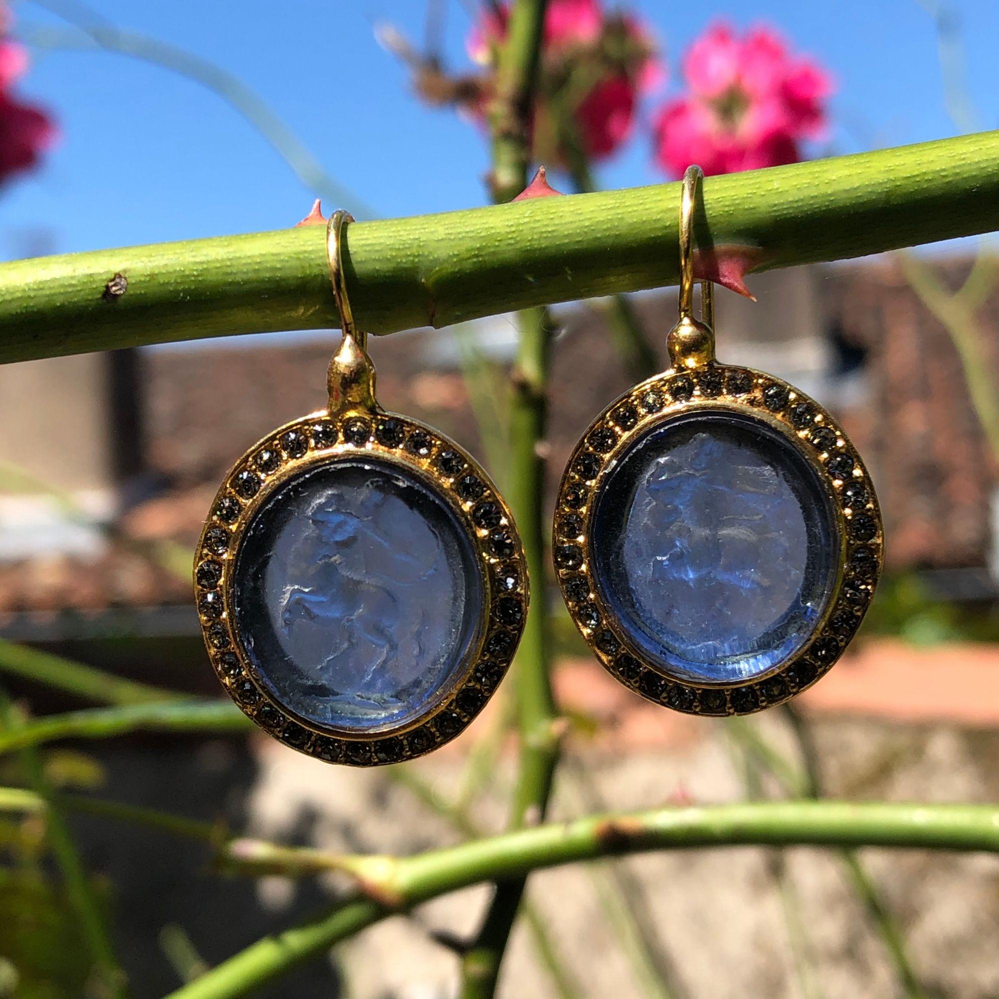 Greek Revival Italian Intaglio and Blue Stone Crystals Lever-Back Earrings