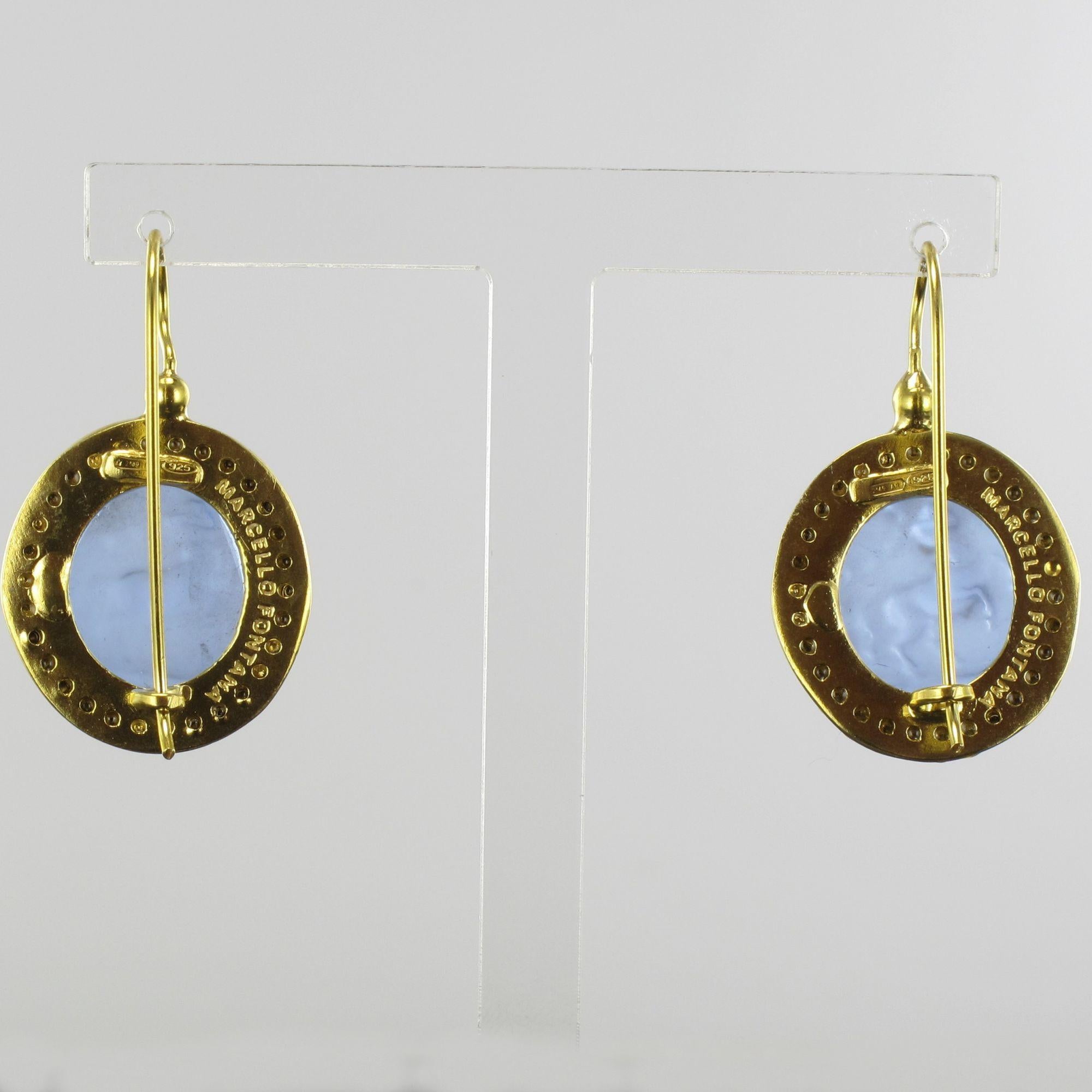 French Cut Italian Intaglio and Blue Stone Crystals Lever-Back Earrings