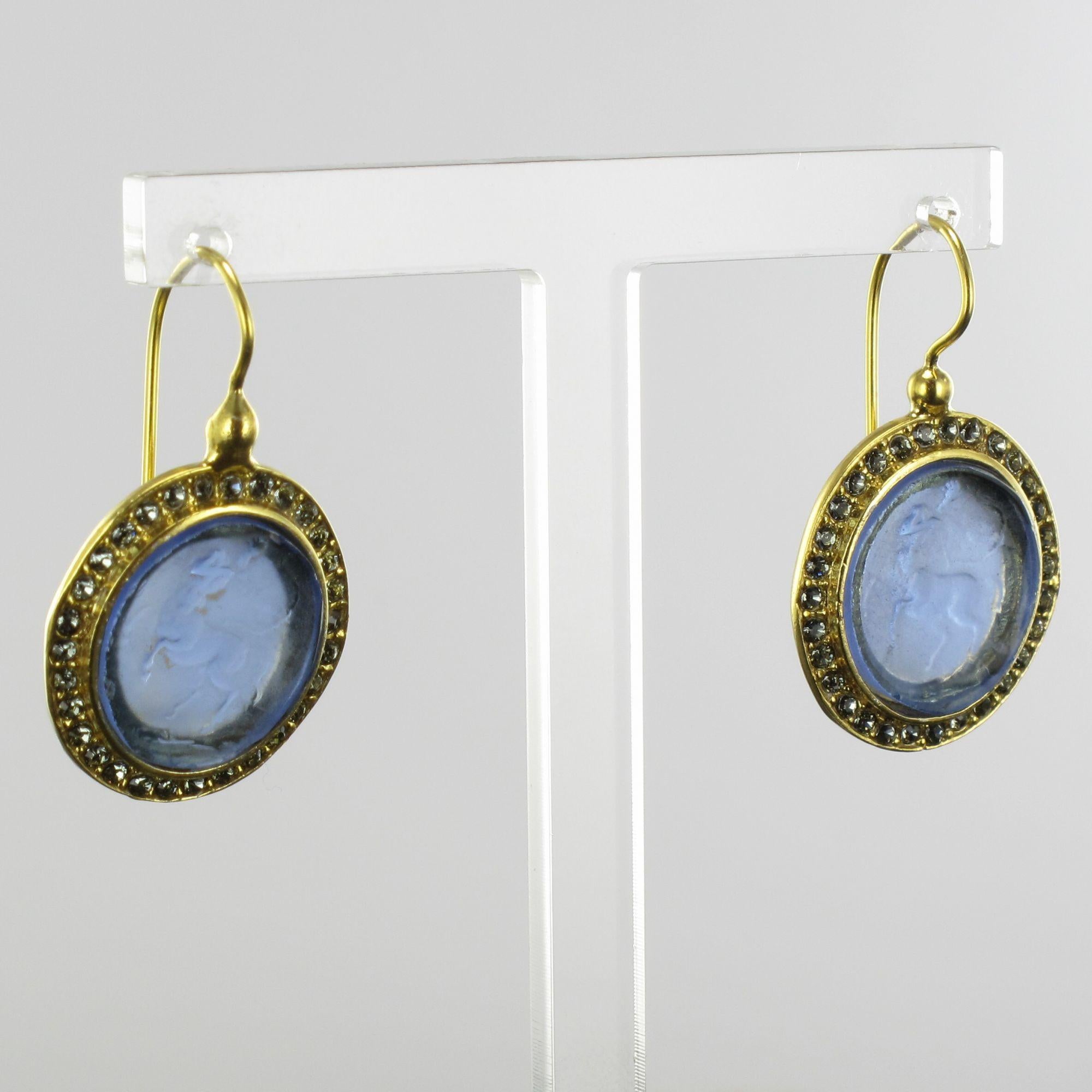 Italian Intaglio and Blue Stone Crystals Lever-Back Earrings In New Condition In Poitiers, FR