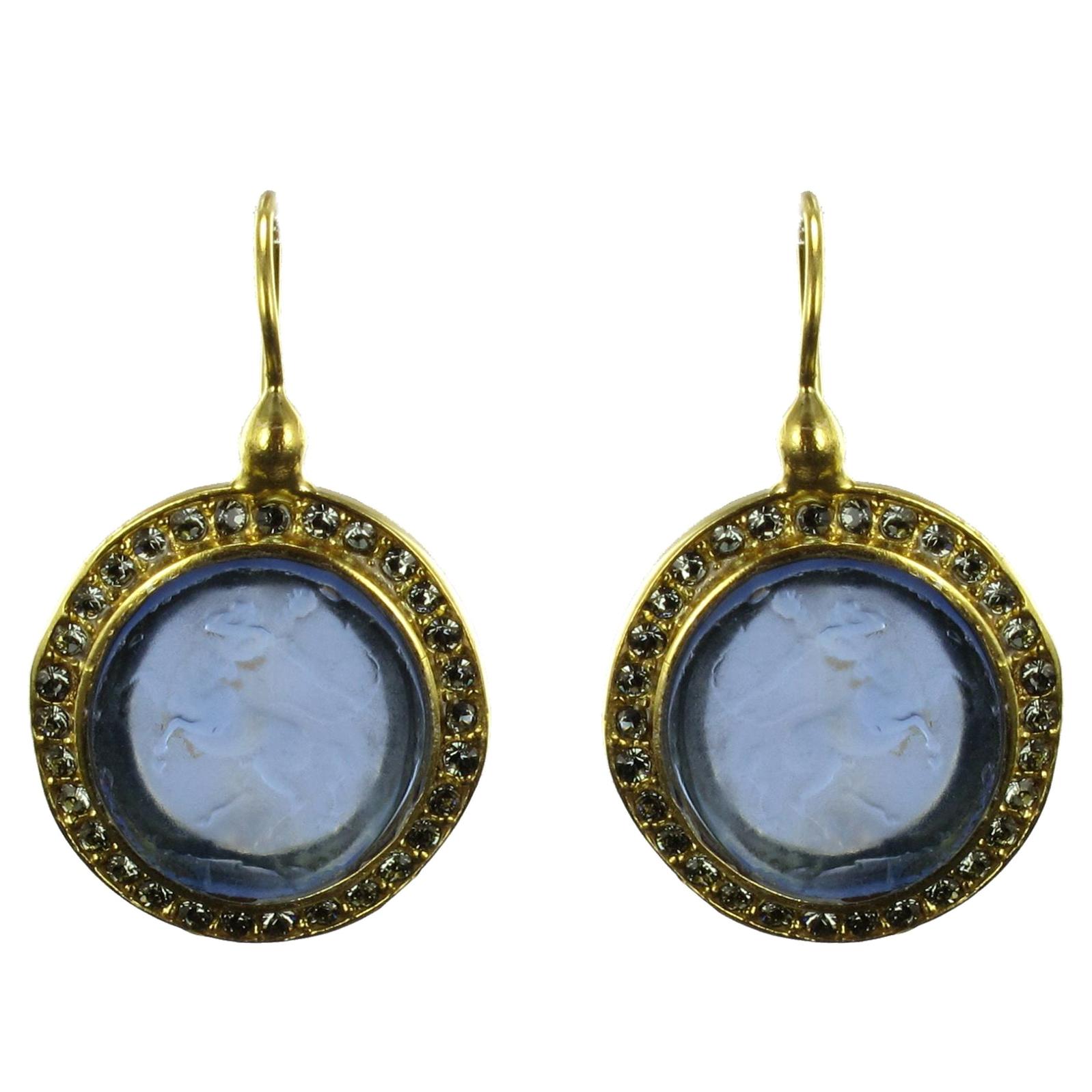 Italian Intaglio and Blue Stone Crystals Lever-Back Earrings