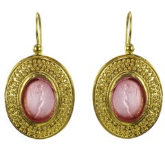 Italian Intaglio and Chiseled Decoration Lever-Back Earrings