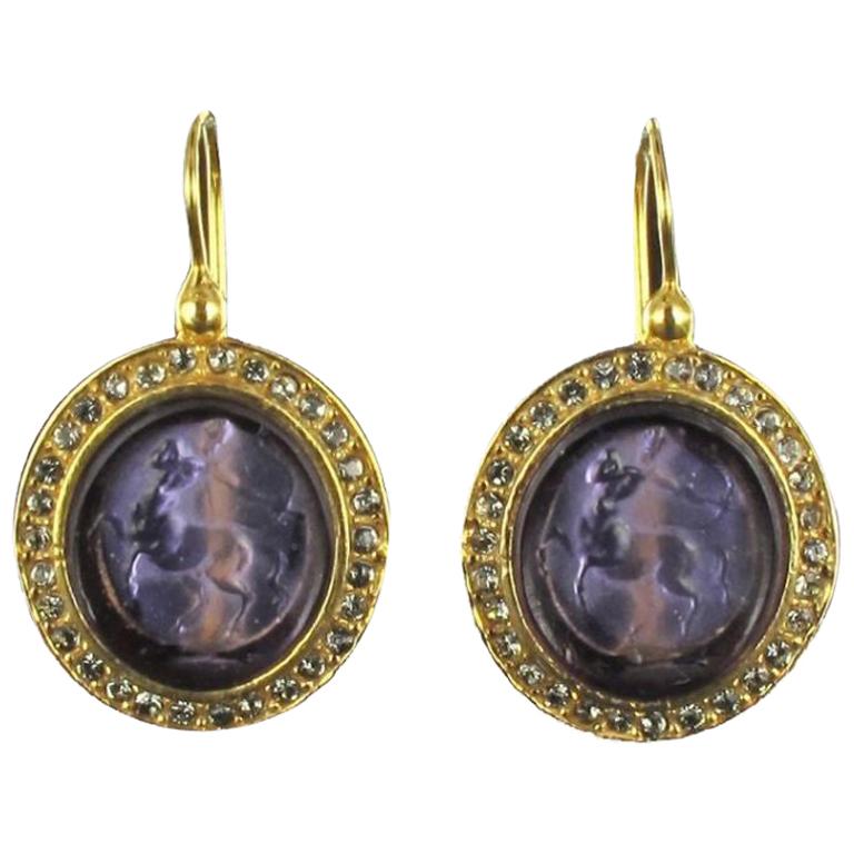 Italian Intaglio and Crystals Lever-Back Earrings