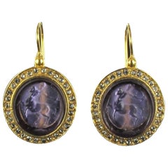 Italian Intaglio and Crystals Lever-Back Earrings