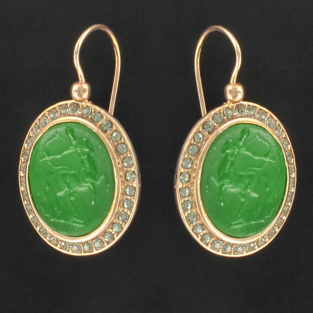 Greek Revival Italian Intaglio and Green Stone Crystals Lever-Back Earrings