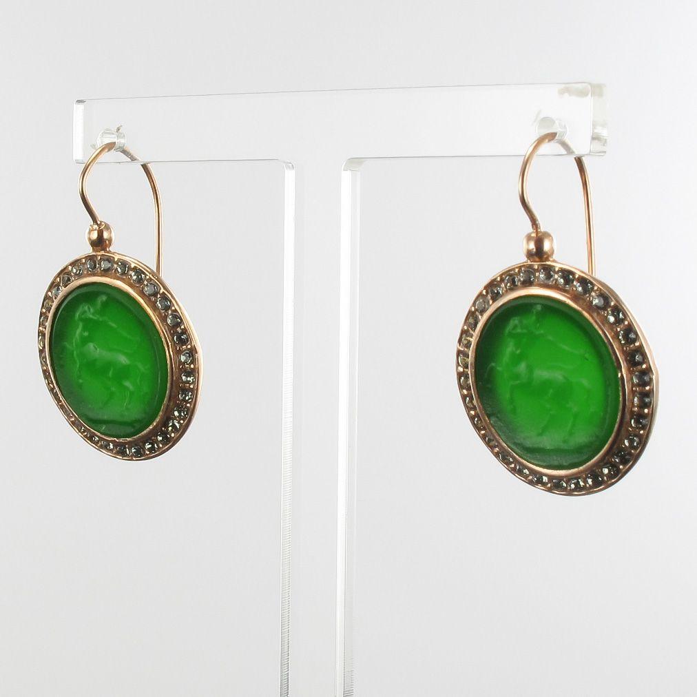 French Cut Italian Intaglio and Green Stone Crystals Lever-Back Earrings