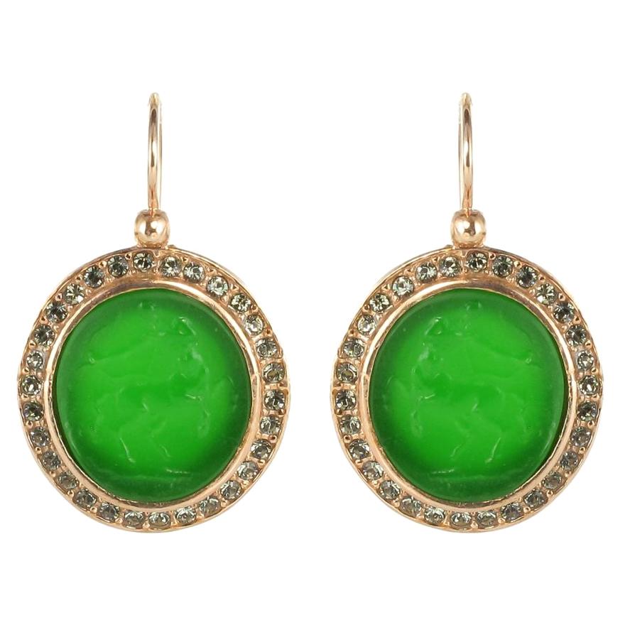 Italian Intaglio and Green Stone Crystals Lever-Back Earrings