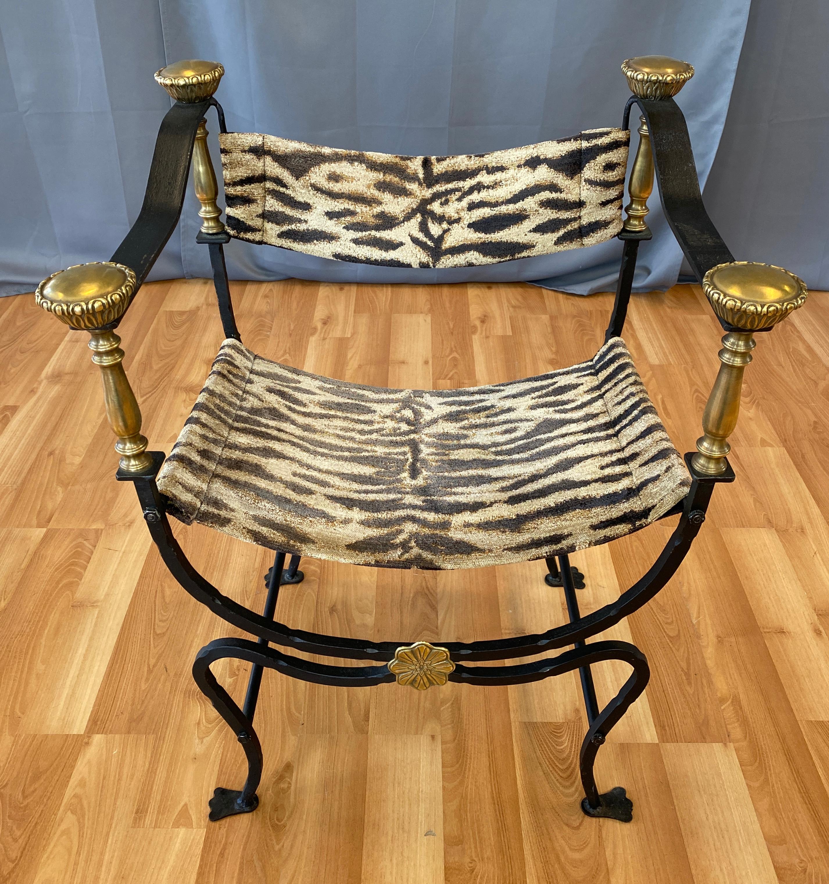 Mid-20th Century Italian Iron and Brass Savonarola Style Chair, circa 1950s-1960s