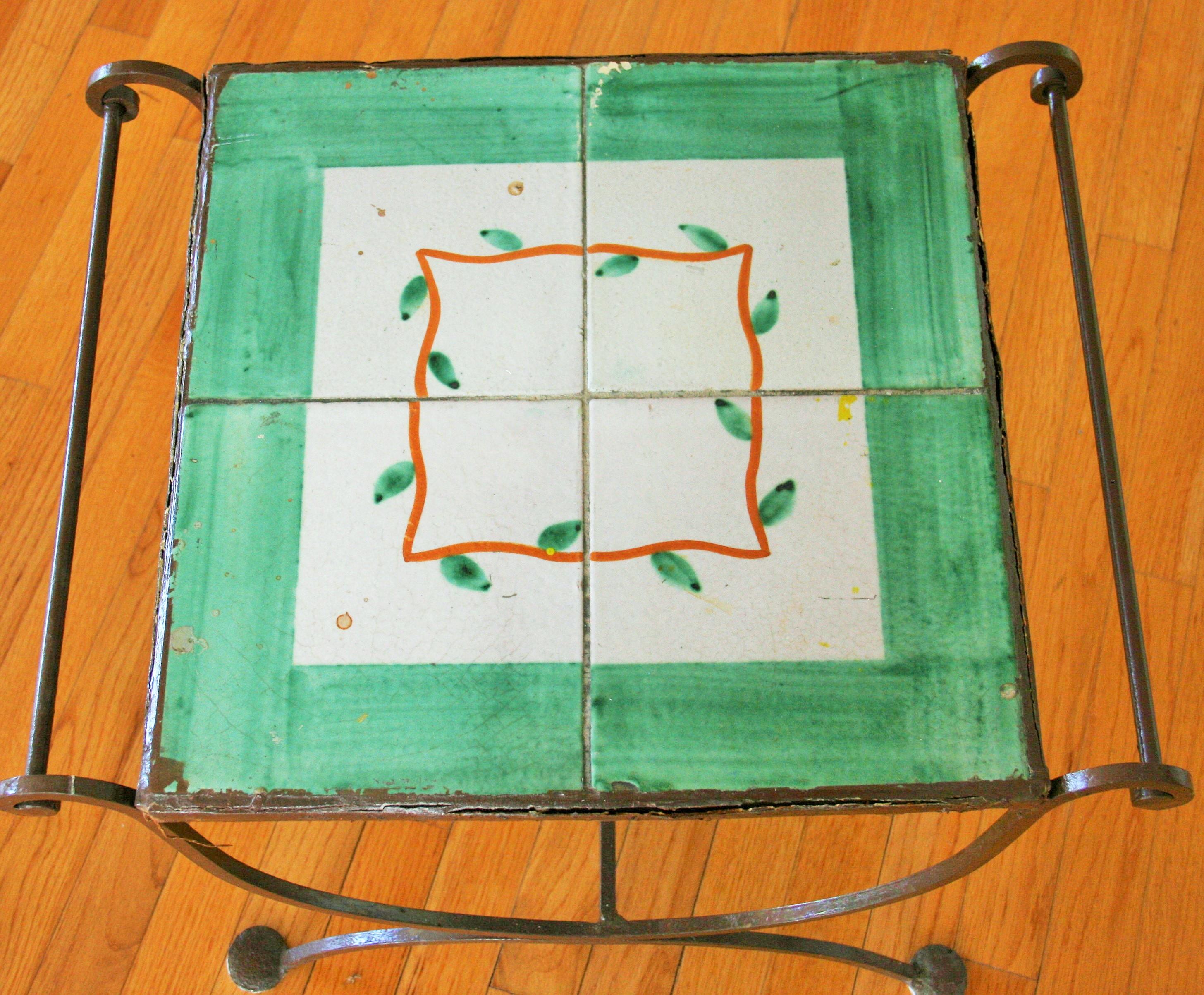 Italian Iron and Ceramic Tile Garden Table In Good Condition In Douglas Manor, NY