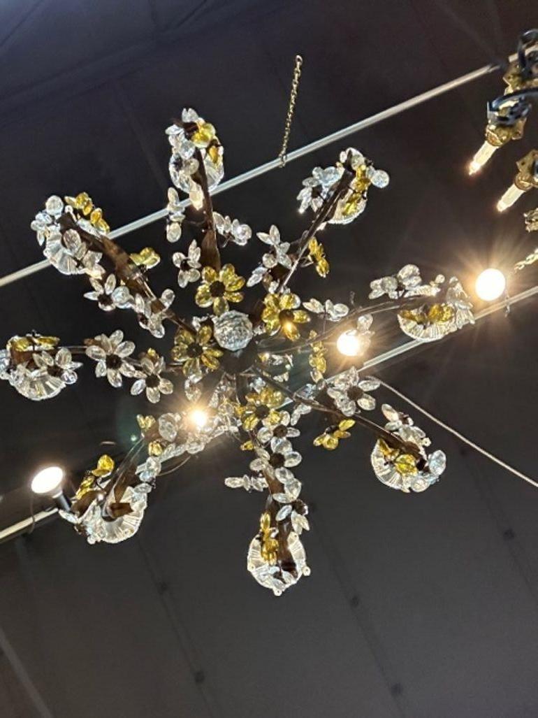 Italian Iron and Crystal Flower Chandelier For Sale 2