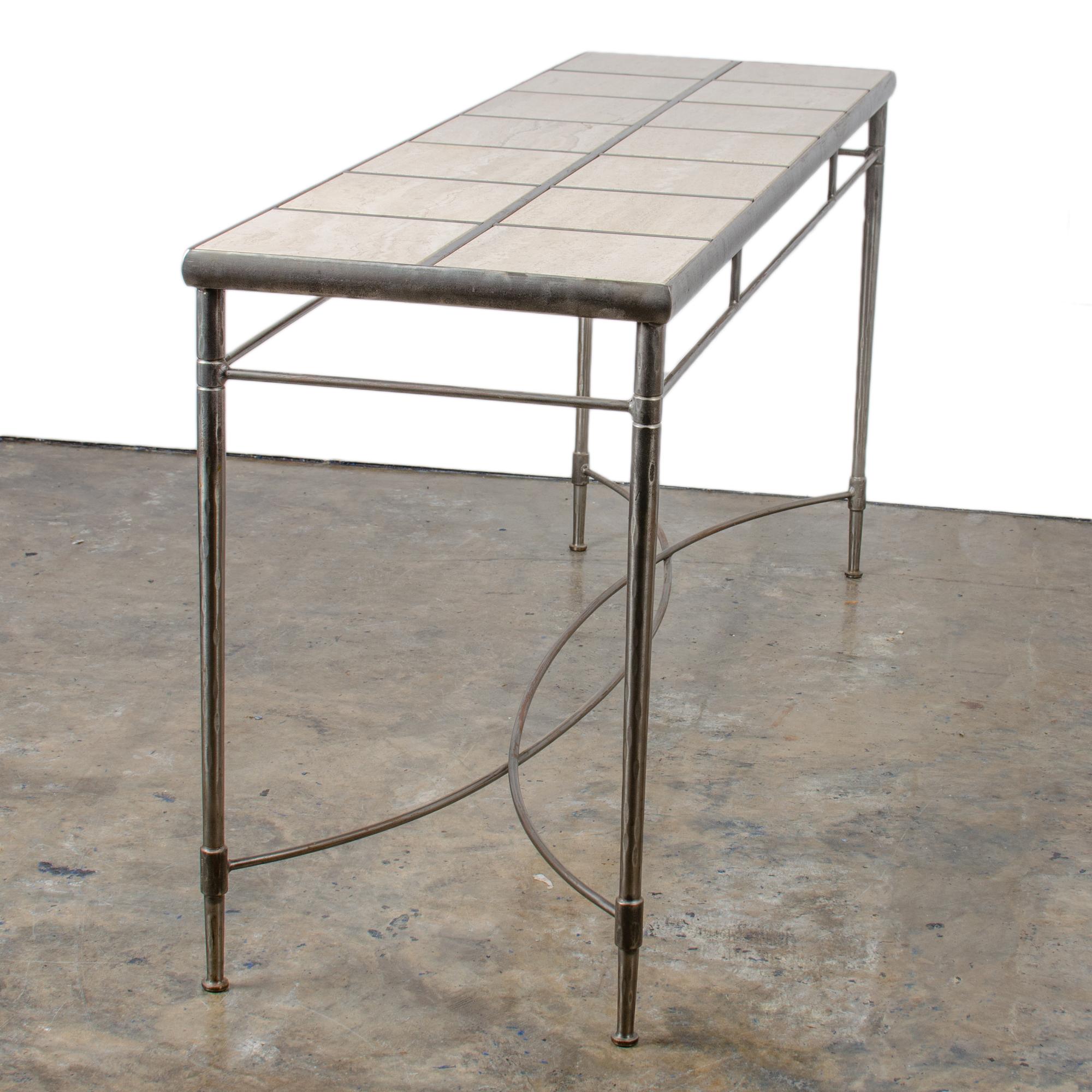 Italian Iron and Travertine Tile Console Table Regular price For Sale 4