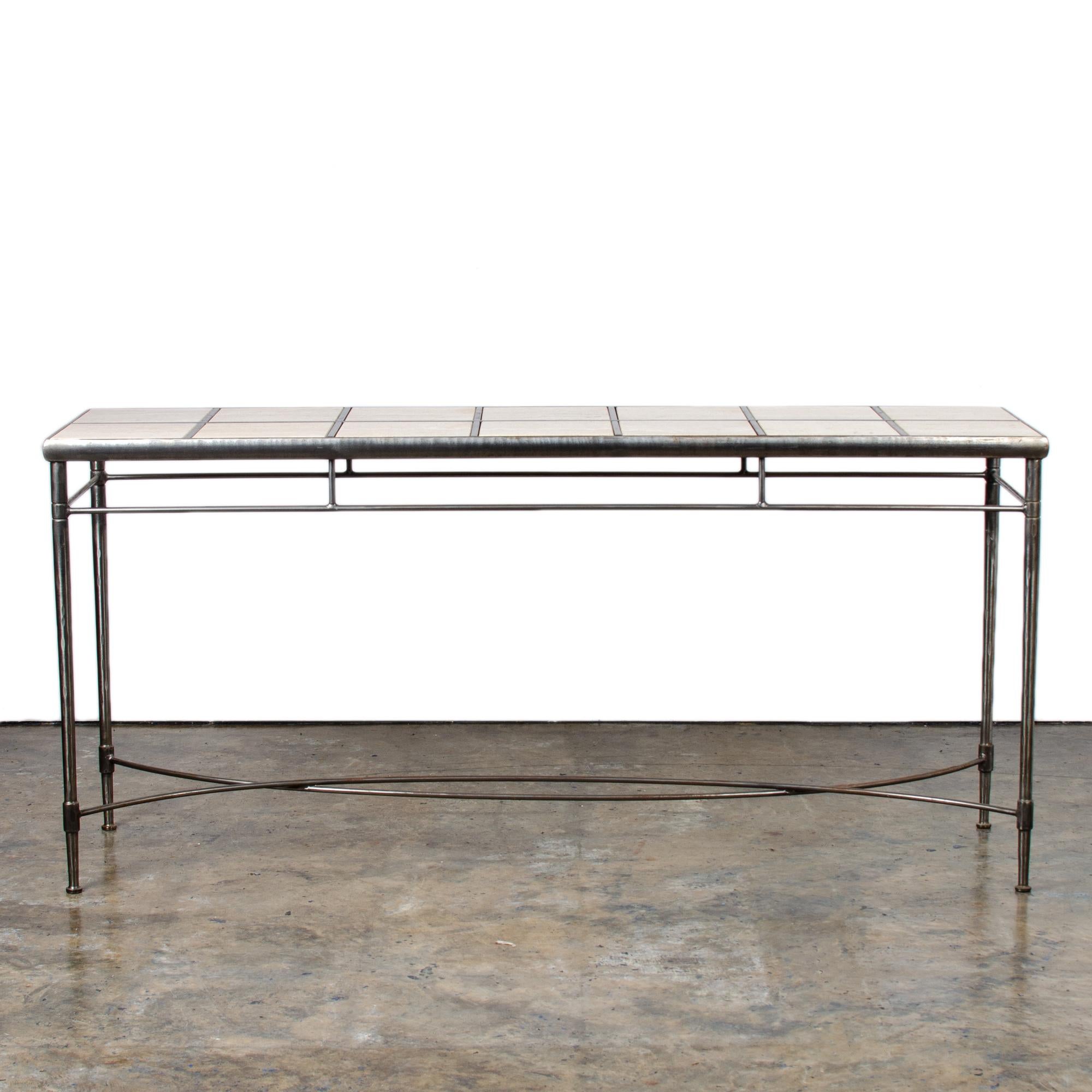 Modern Italian Iron and Travertine Tile Console Table Regular price For Sale