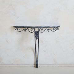 Italian Iron Base Wall-Mounted Console with Green Marble Top, 1950s