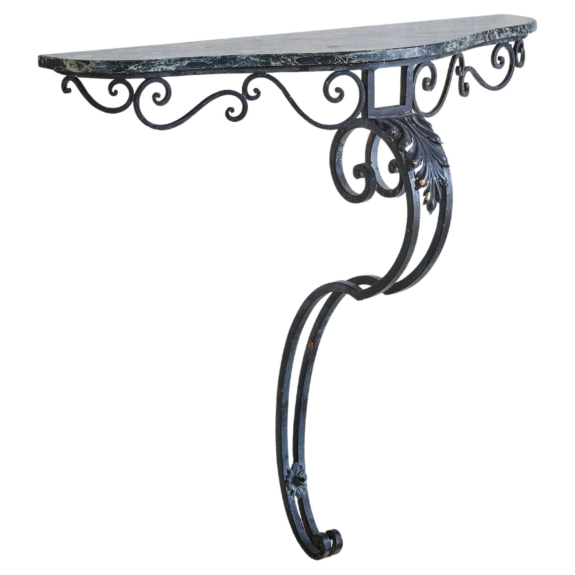 Italian Iron Base Wall-Mounted Console with Green Marble Top, 1950s