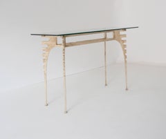 Italian Iron Console with White Patine and Glass Top Attributed to Colli, 1960