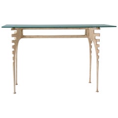 Italian Iron Console with White Patine and Glass Top Attributed to Colli, 1960