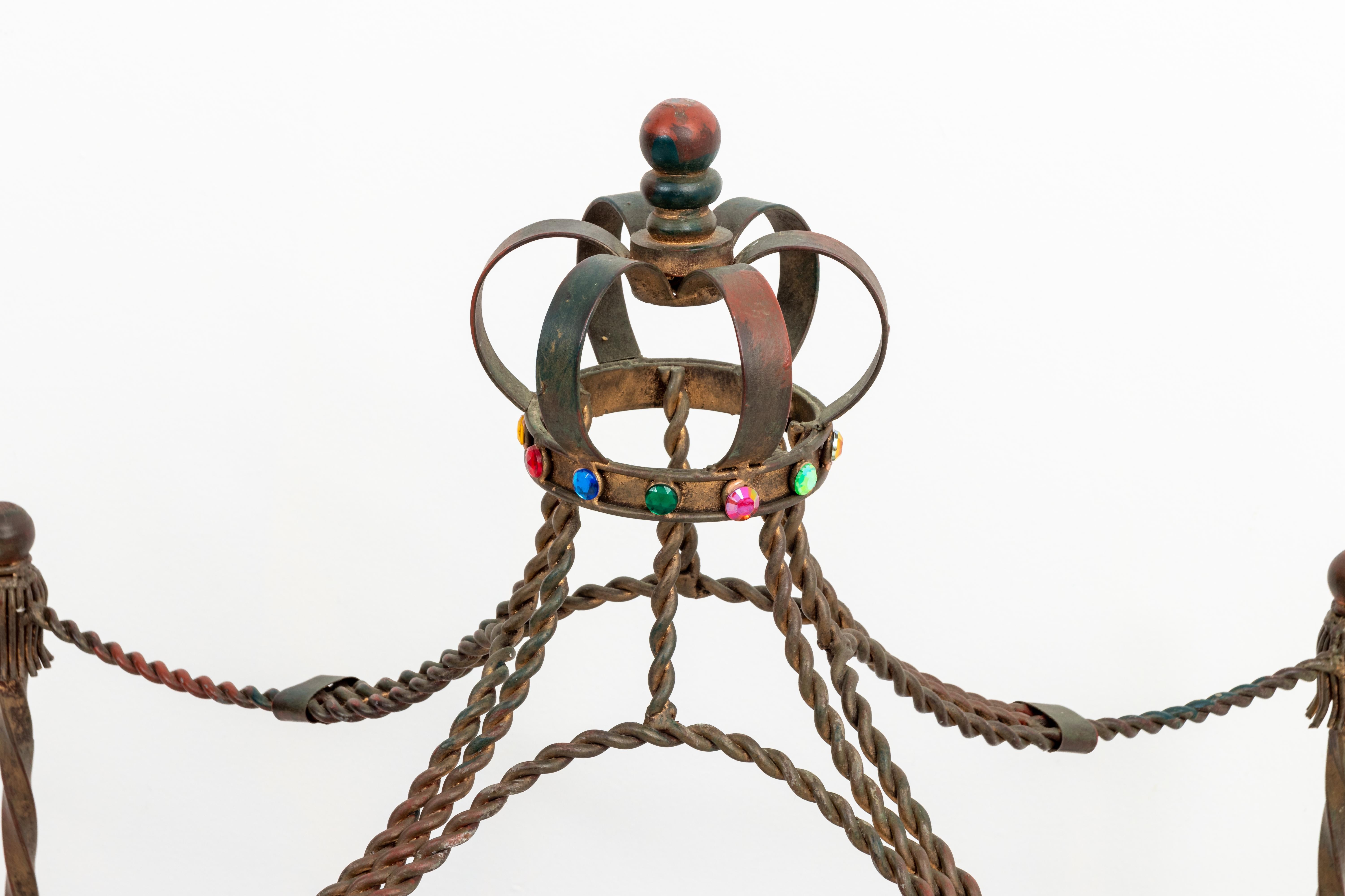 Iron with jeweled crown topped dog or cat bed. Worn gilt finish from Italy. Ready for Prince or Princess! Uses 18 x 24 mattress. Can be boxed and shipped through UPS.