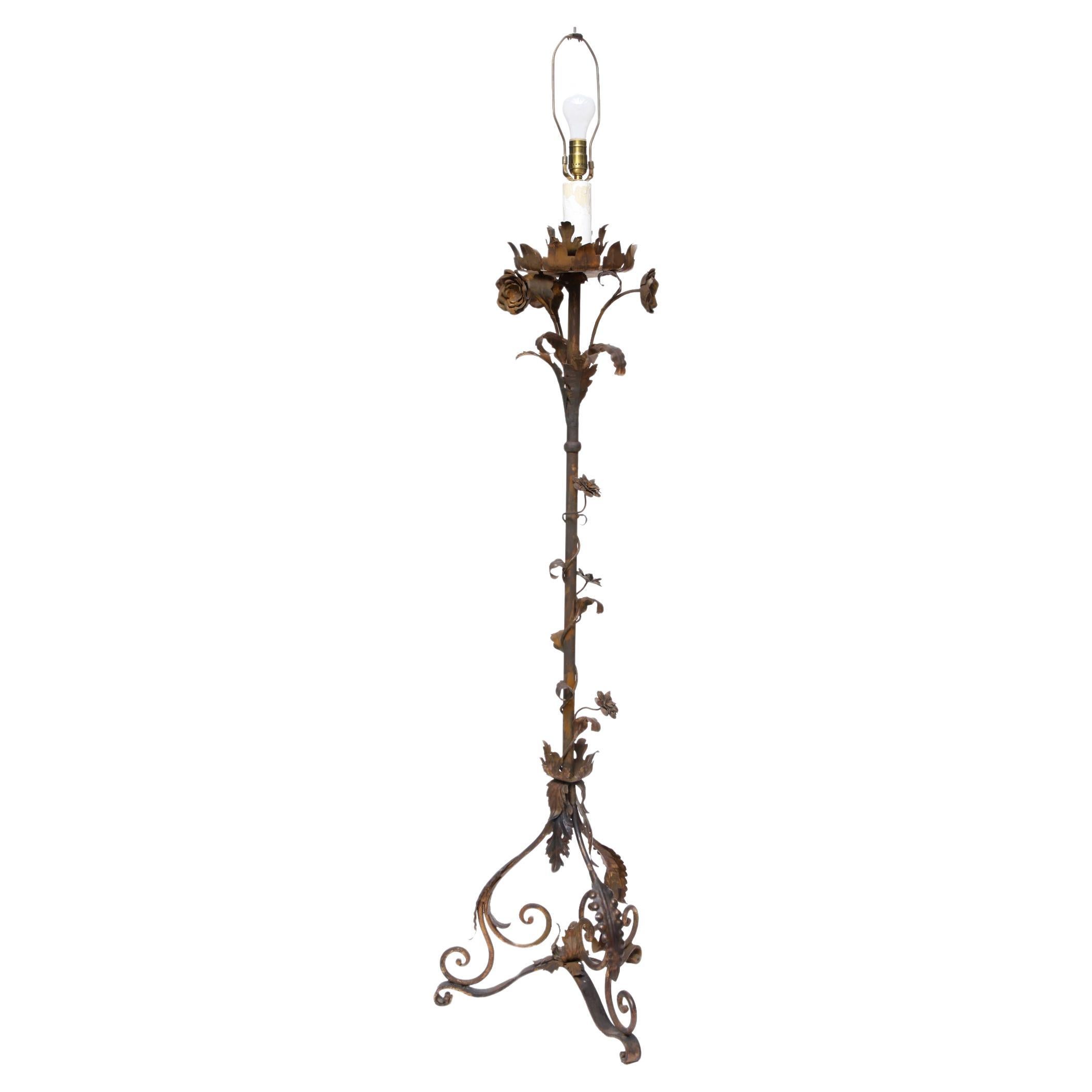 Italian Iron Floor Lamp with Patinaed Rusty Finish For Sale