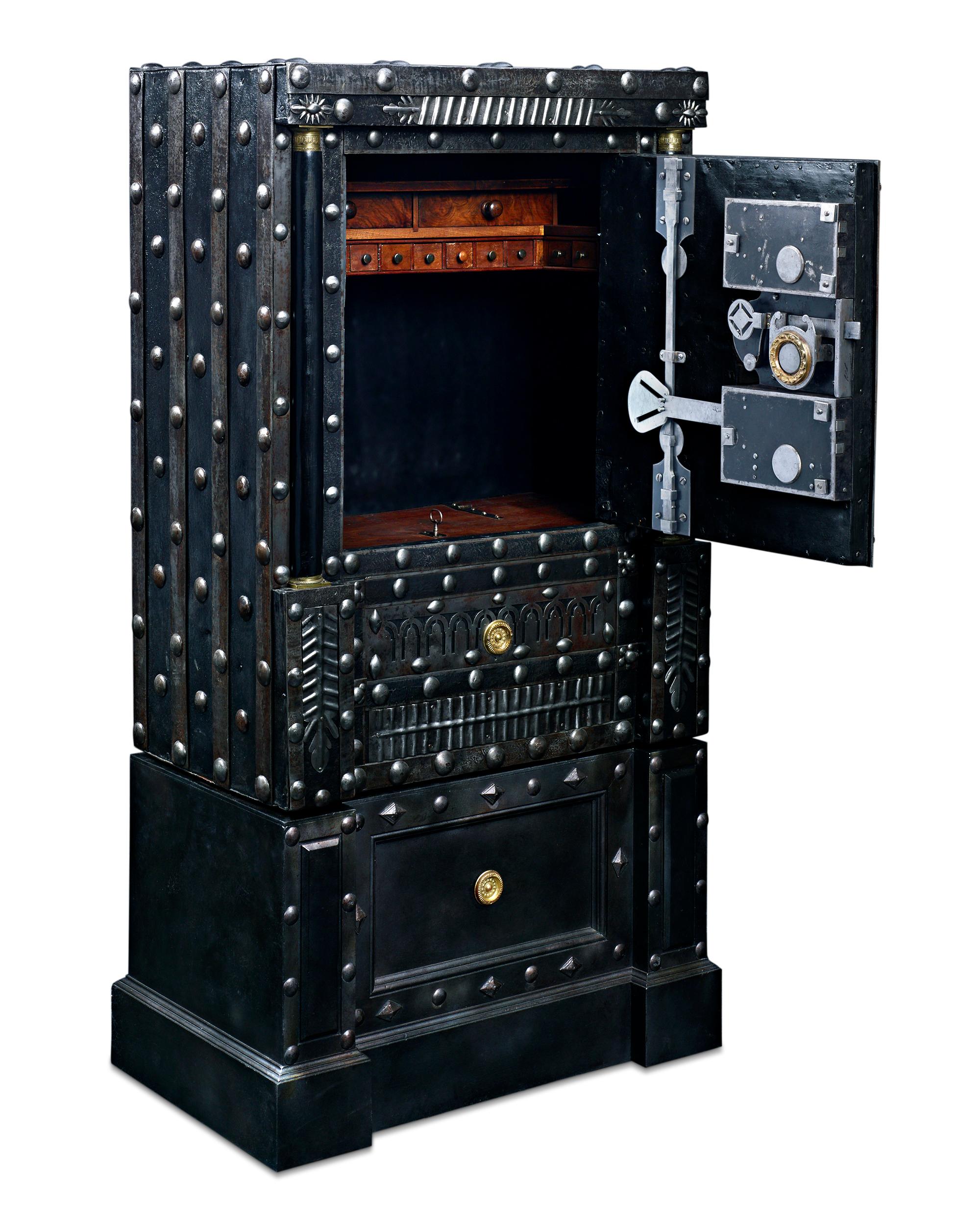 Size, security and exceptional craftsmanship distinguish this fully functioning 19th-century Italian floor safe from Genoa. Weighing hundreds of pounds, the fascinating safe is enveloped with thick iron plates and features one of the most intricate