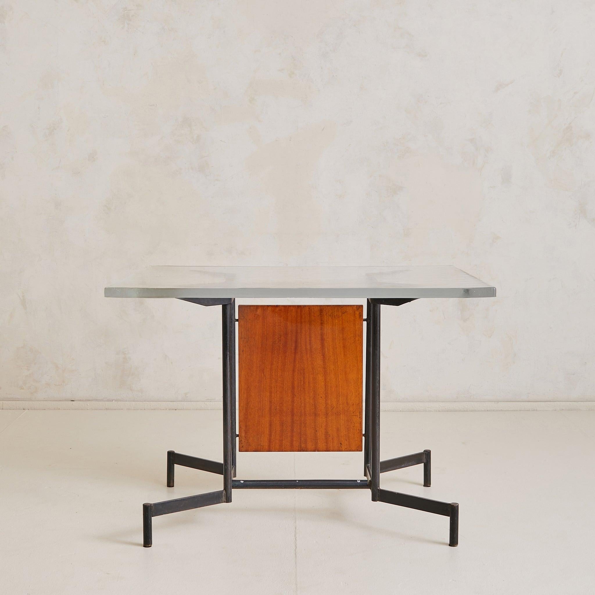 Moderno Italian Iron + Glass Desk or Console with Inset Wood Panel, 1950s in vendita