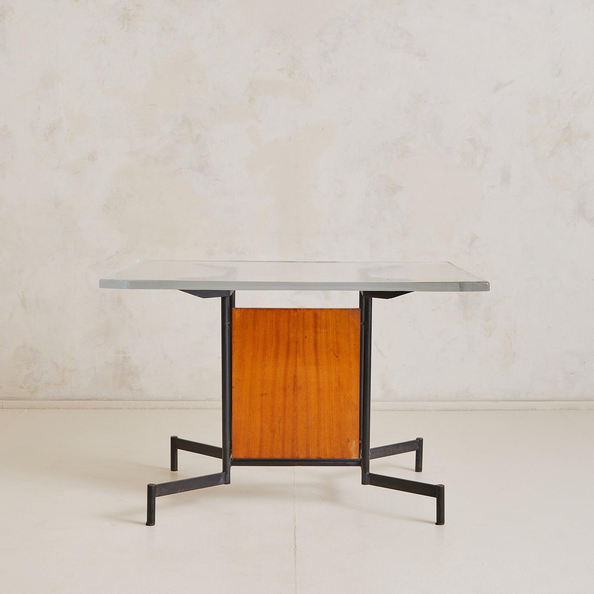 Italian Iron + Glass Desk or Console with Inset Wood Panel, 1950s In condizioni buone in vendita a Chicago, IL