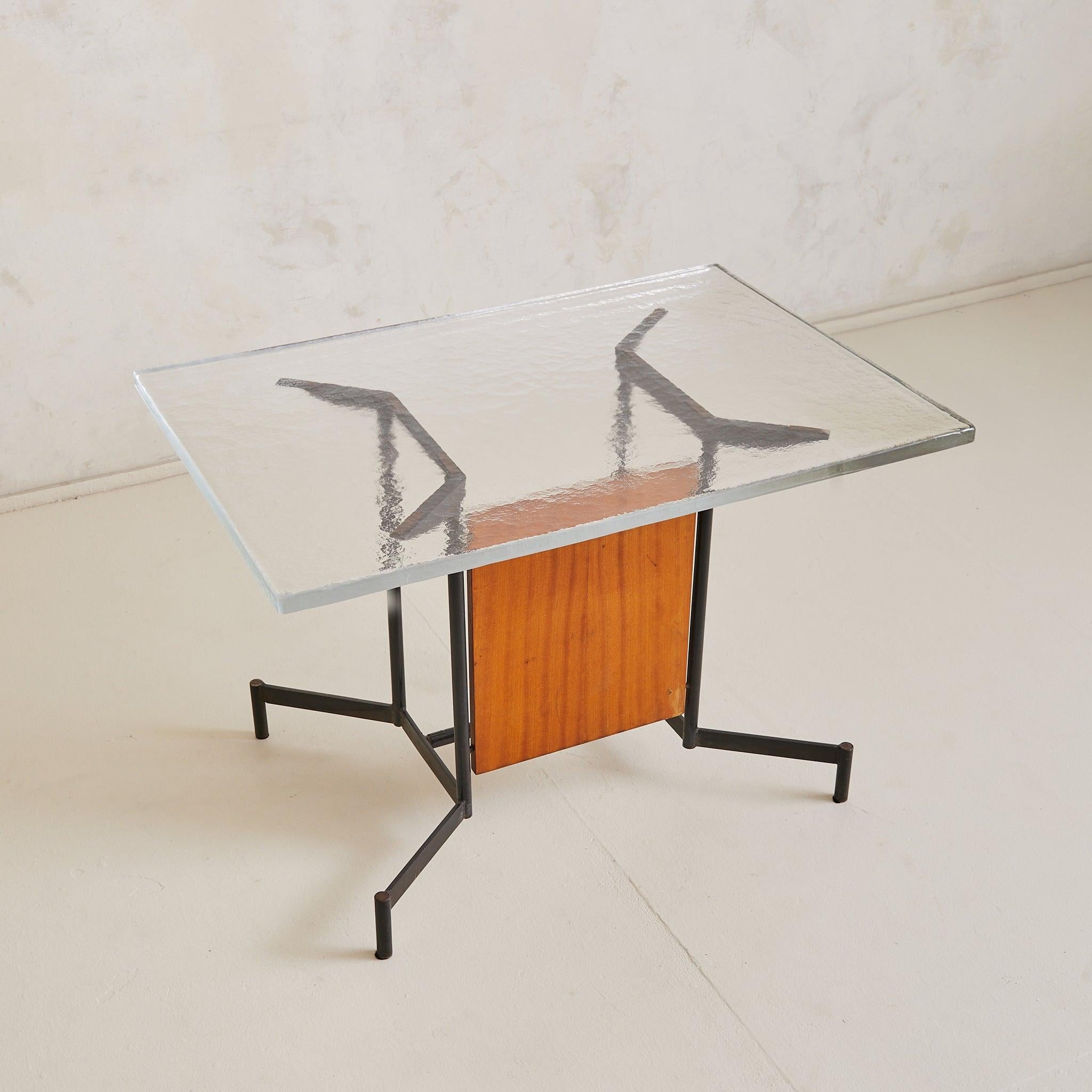 Metà XX secolo Italian Iron + Glass Desk or Console with Inset Wood Panel, 1950s in vendita