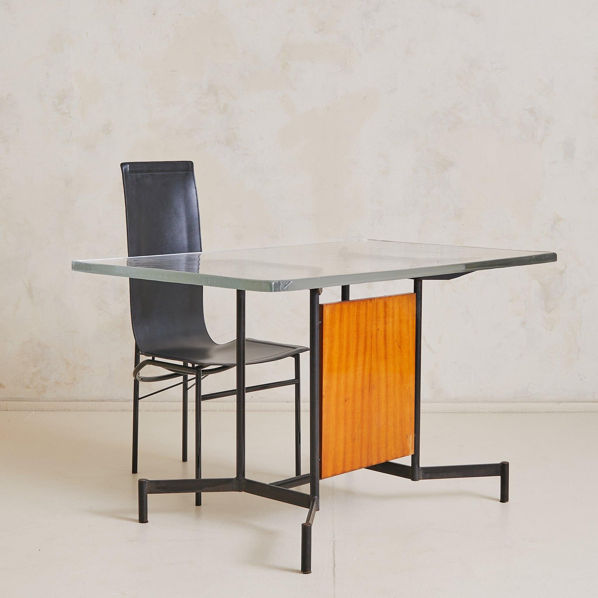 Vetro Italian Iron + Glass Desk or Console with Inset Wood Panel, 1950s in vendita