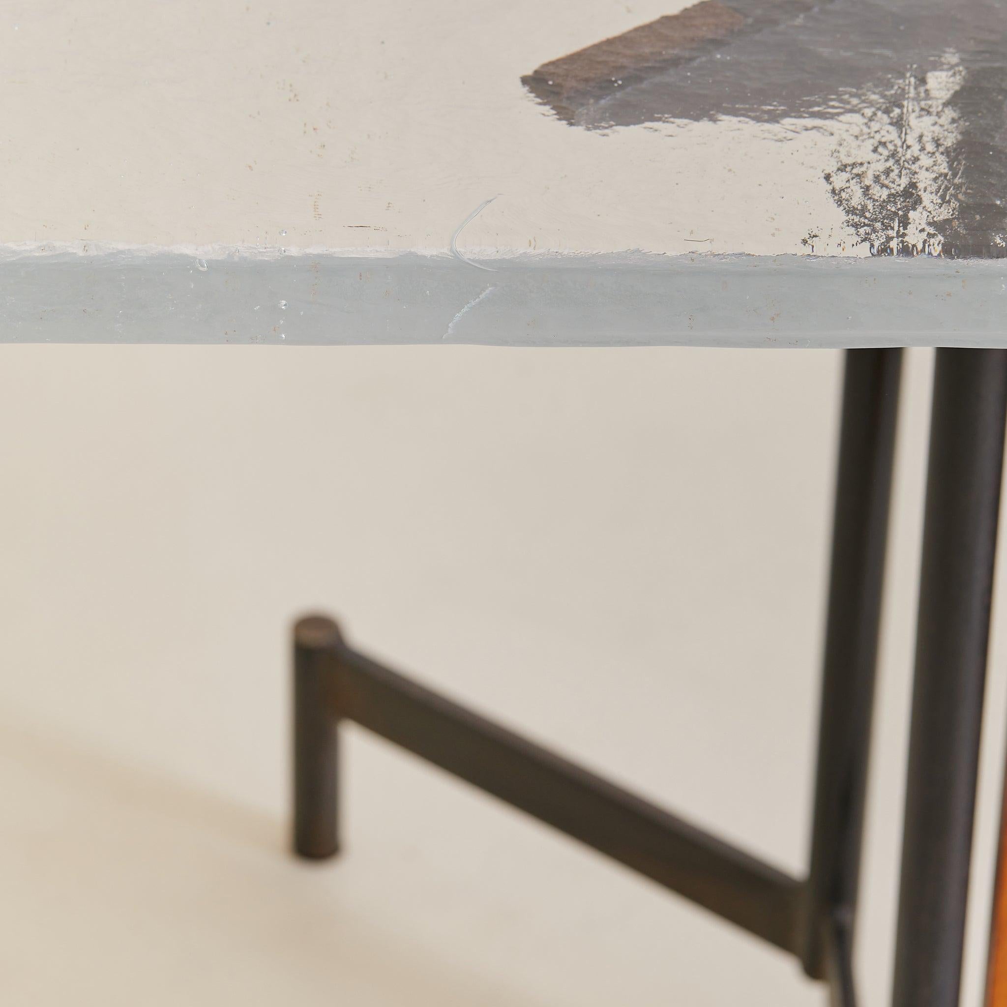 Italian Iron + Glass Desk or Console with Inset Wood Panel, 1950s in vendita 1