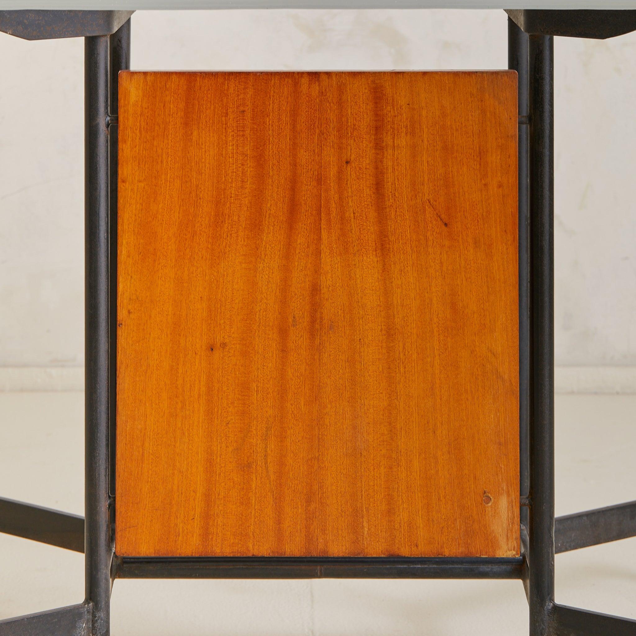 Italian Iron + Glass Desk or Console with Inset Wood Panel, 1950s in vendita 2