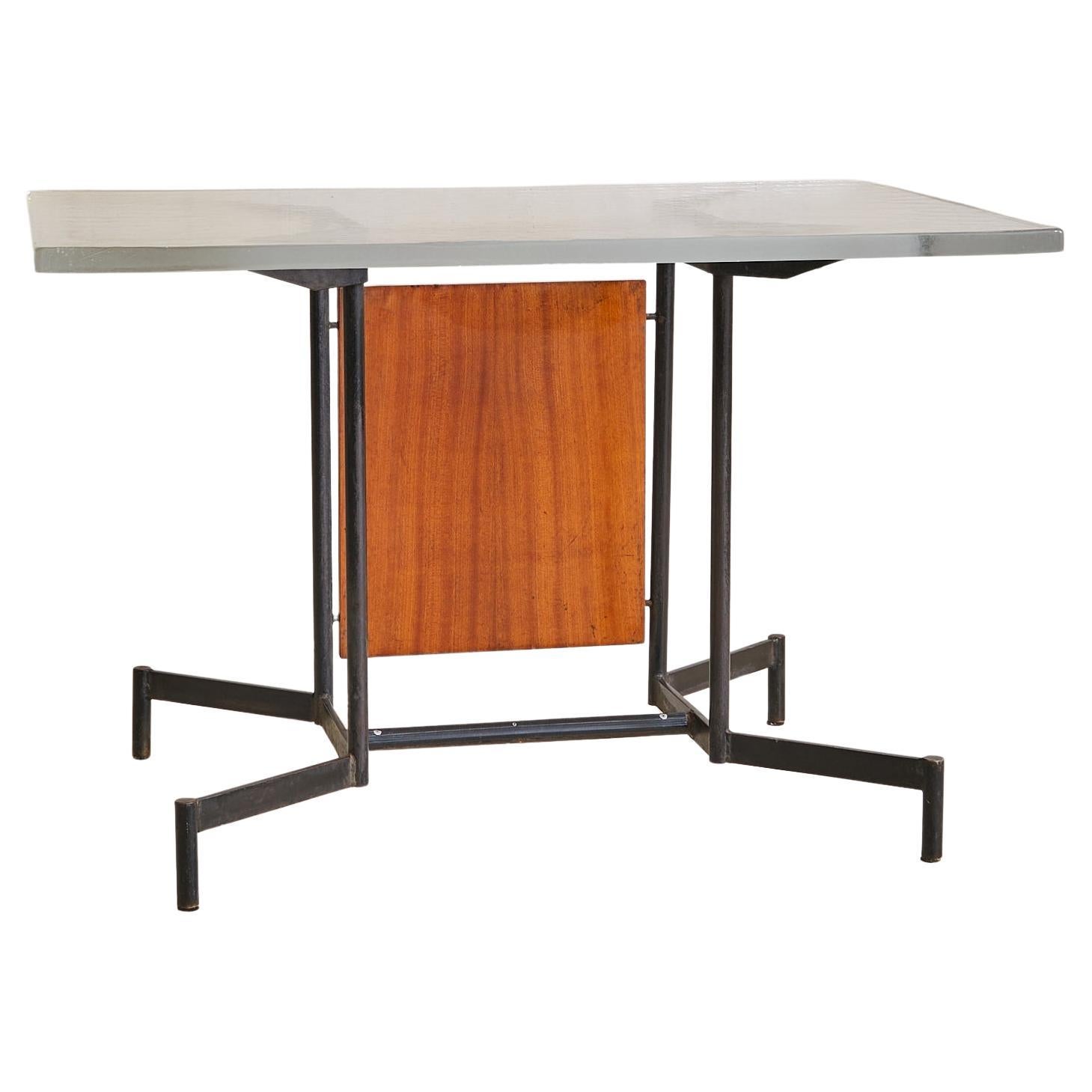 Italian Iron + Glass Desk or Console with Inset Wood Panel, 1950s in vendita