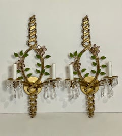 Italienische Eisen-Wandleuchter mit Kristallblumen und Perlen, Paar