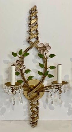 Italian Iron Sconces with Crystal Flowers and Beading, Pair