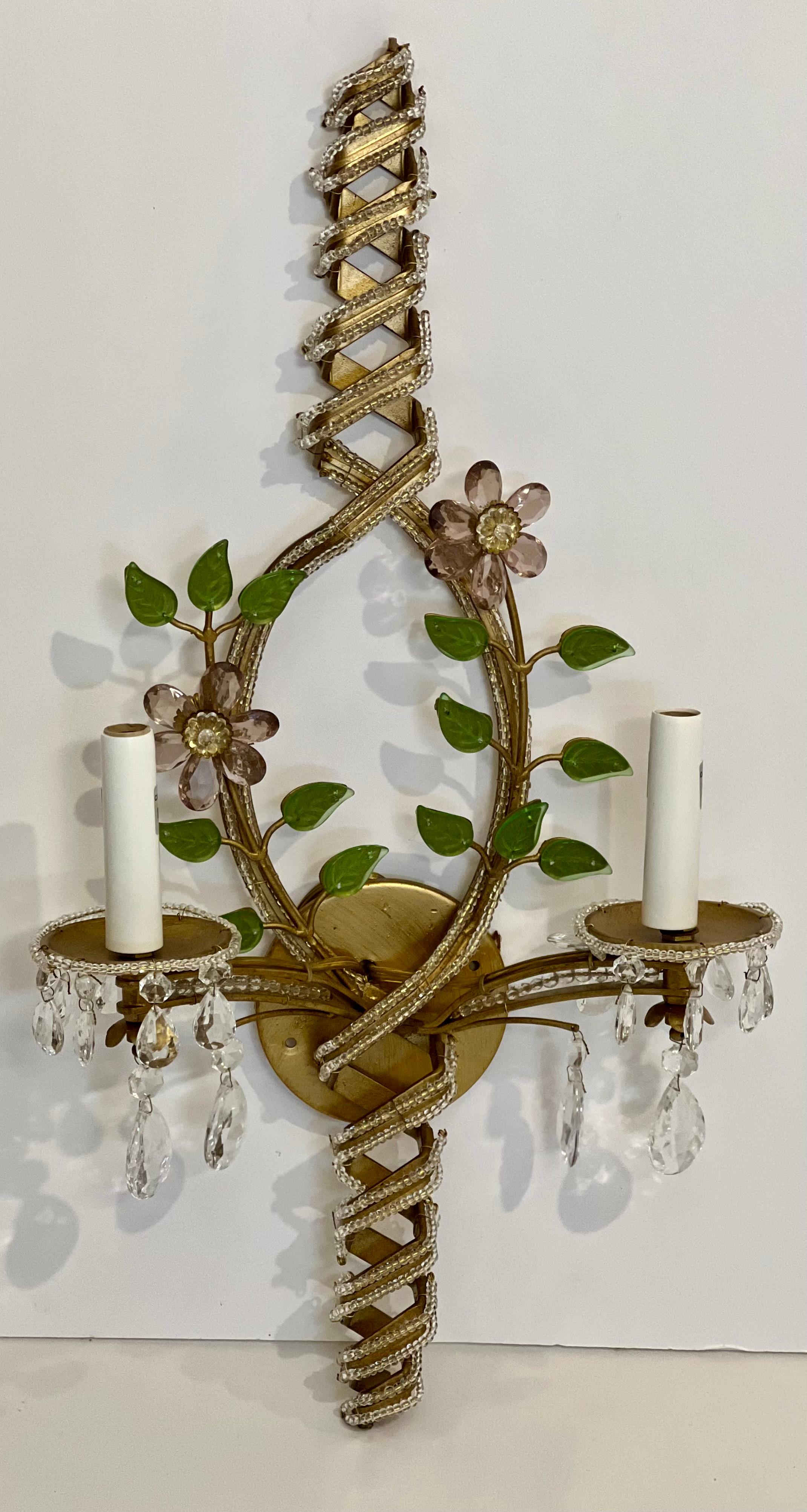 Hollywood Regency Italian Iron Sconces with Crystal Flowers and Beading, Pair For Sale