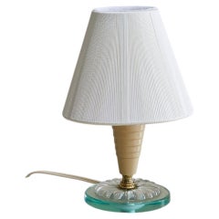 Italian Ivory Lacquered Metal + Glass Table Lamp with String Shade, 1950s