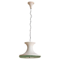 Italian Ivory Metal Pendant Light with Glass Disc Diffuser, 1960s