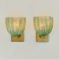 Italian jade green Ribbed Cup Wall Light, Hand-Blown Pulegoso Glass, Brass Base