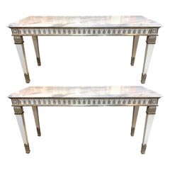 Italian Jansen Style Painted and Silver Leaf Consoles with Marble Top