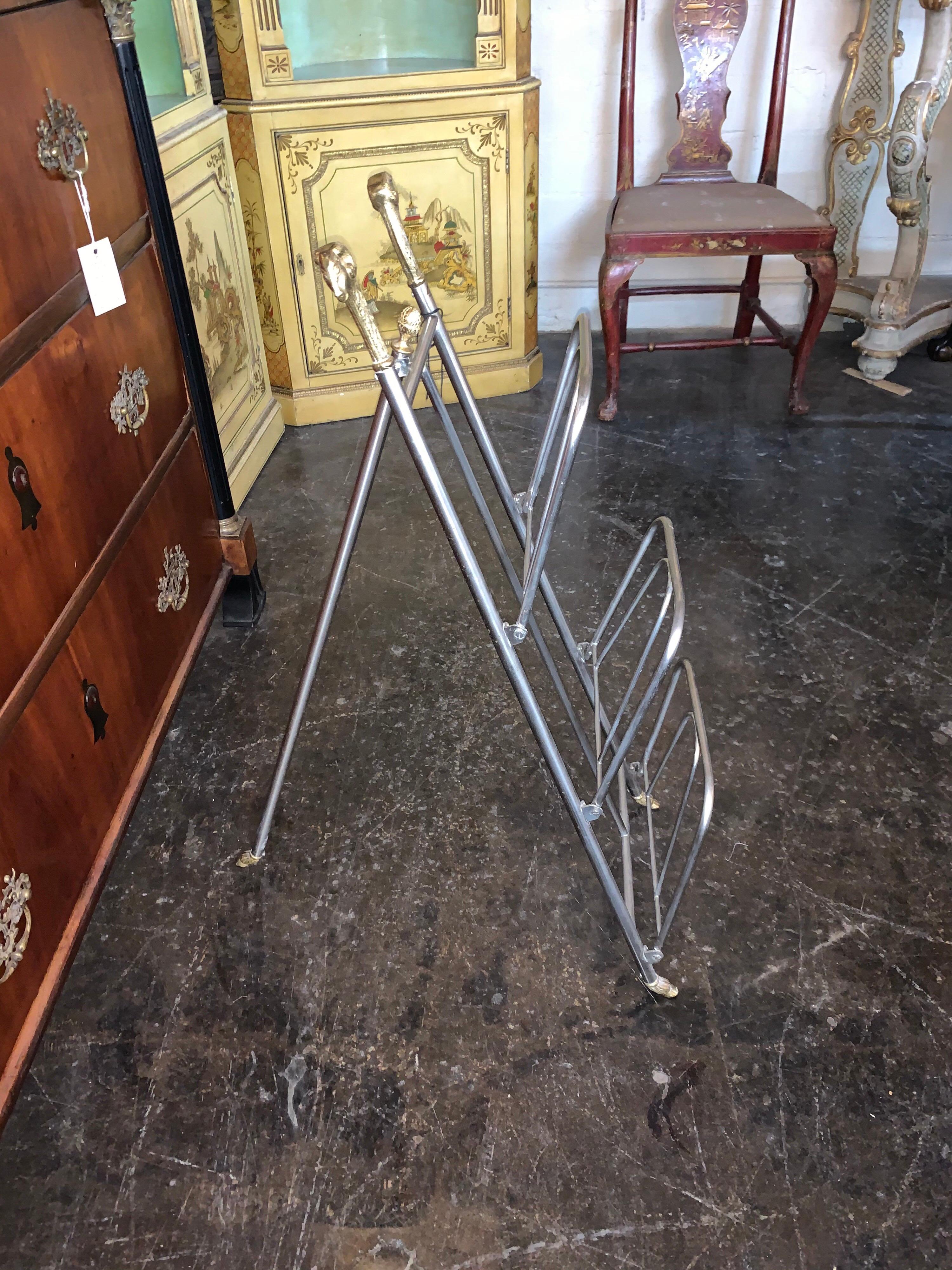 Italian Jansen Style Steel and Brass Magazine Stand In Good Condition For Sale In Dallas, TX