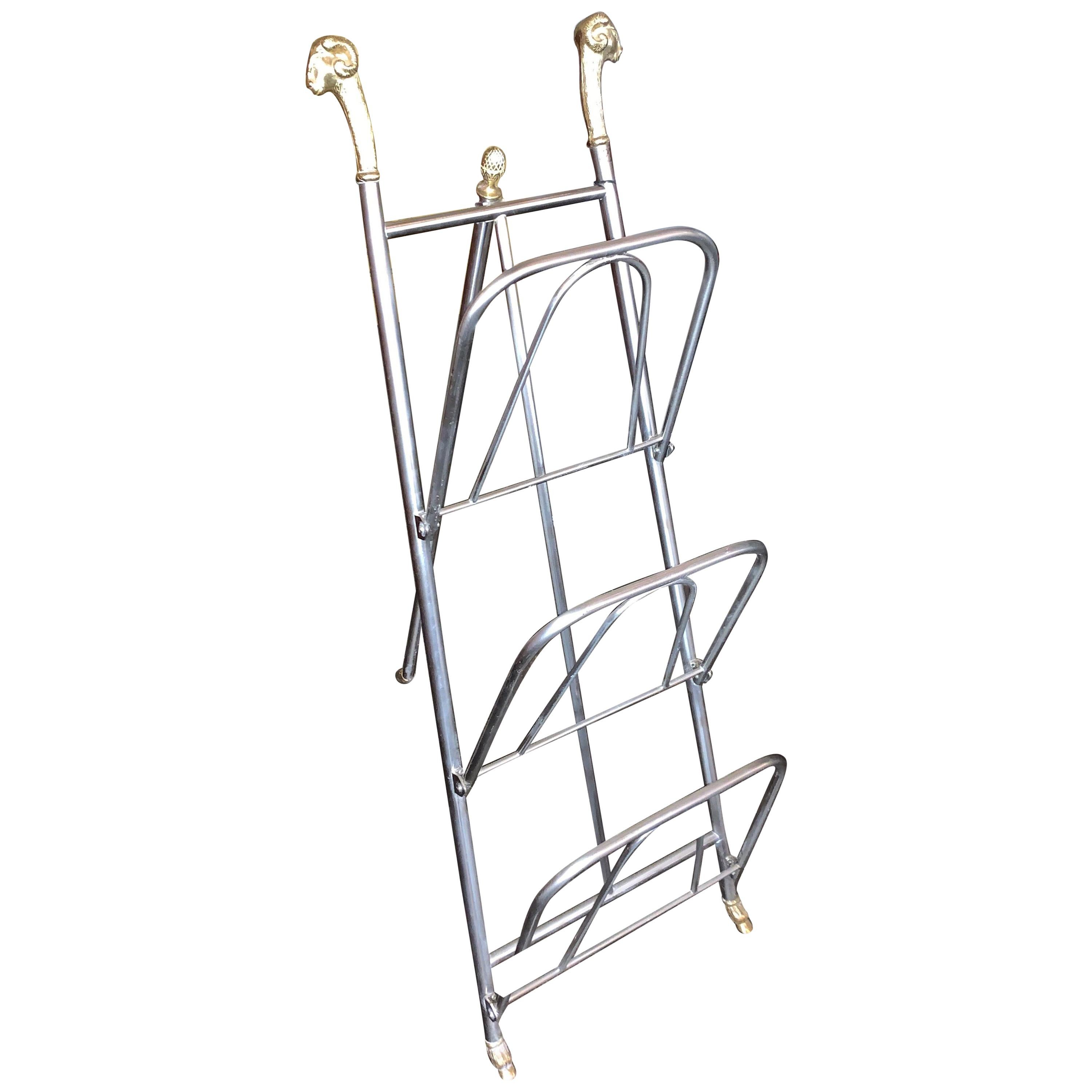 Italian Jansen Style Steel and Brass Magazine Stand For Sale