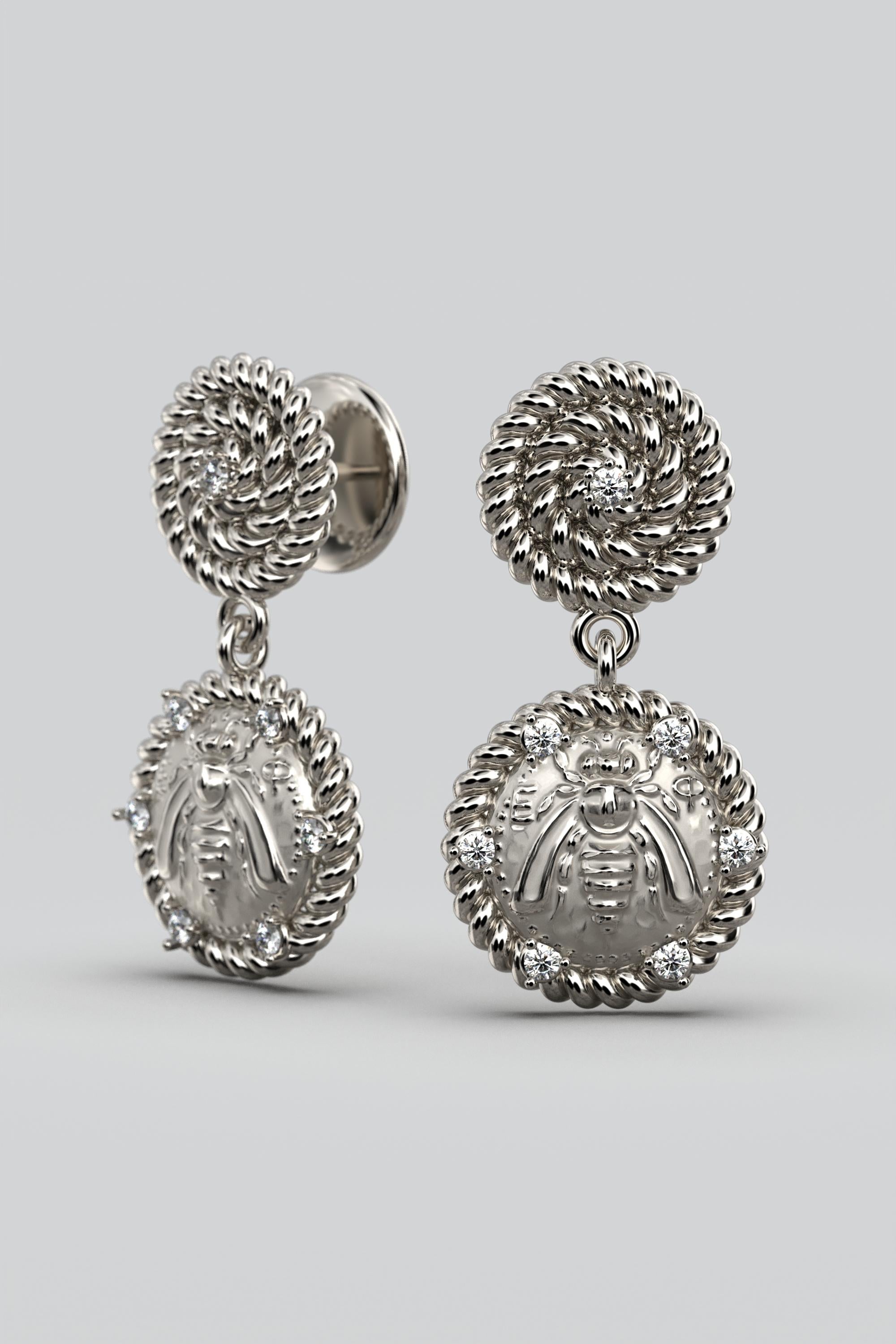 Italian Jewelry  14k Gold Dangle Earrings With Diamonds  Bee Earrings  For Sale 5