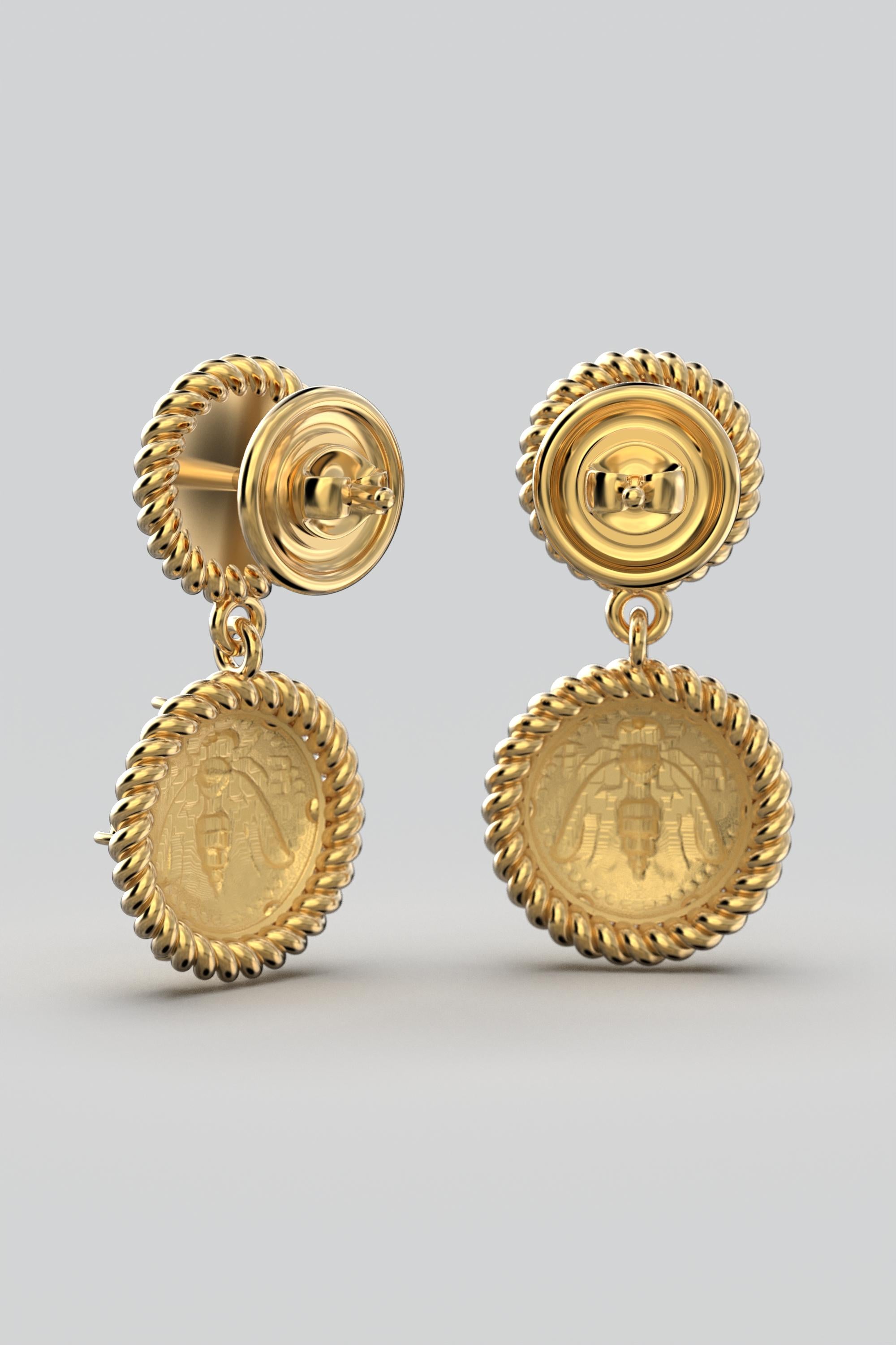 Greek Revival Italian Jewelry  14k Gold Dangle Earrings With Diamonds  Bee Earrings  For Sale