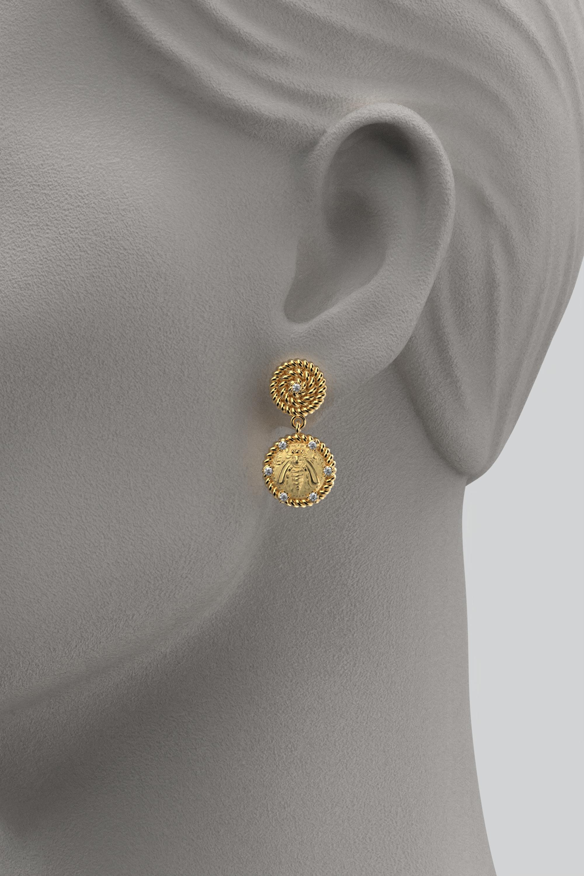 Brilliant Cut Italian Jewelry  14k Gold Dangle Earrings With Diamonds  Bee Earrings  For Sale