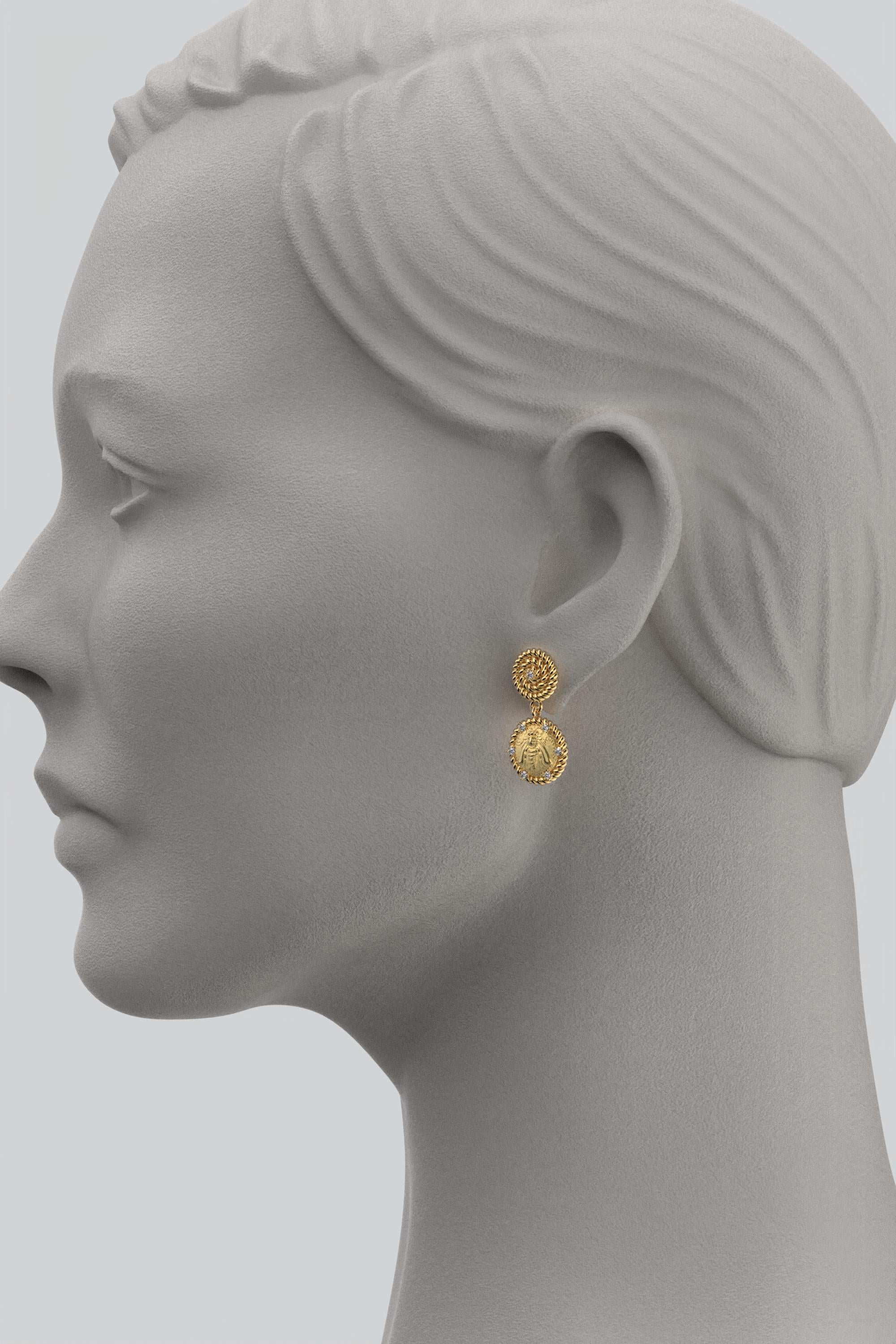Women's Italian Jewelry  14k Gold Dangle Earrings With Diamonds  Bee Earrings  For Sale