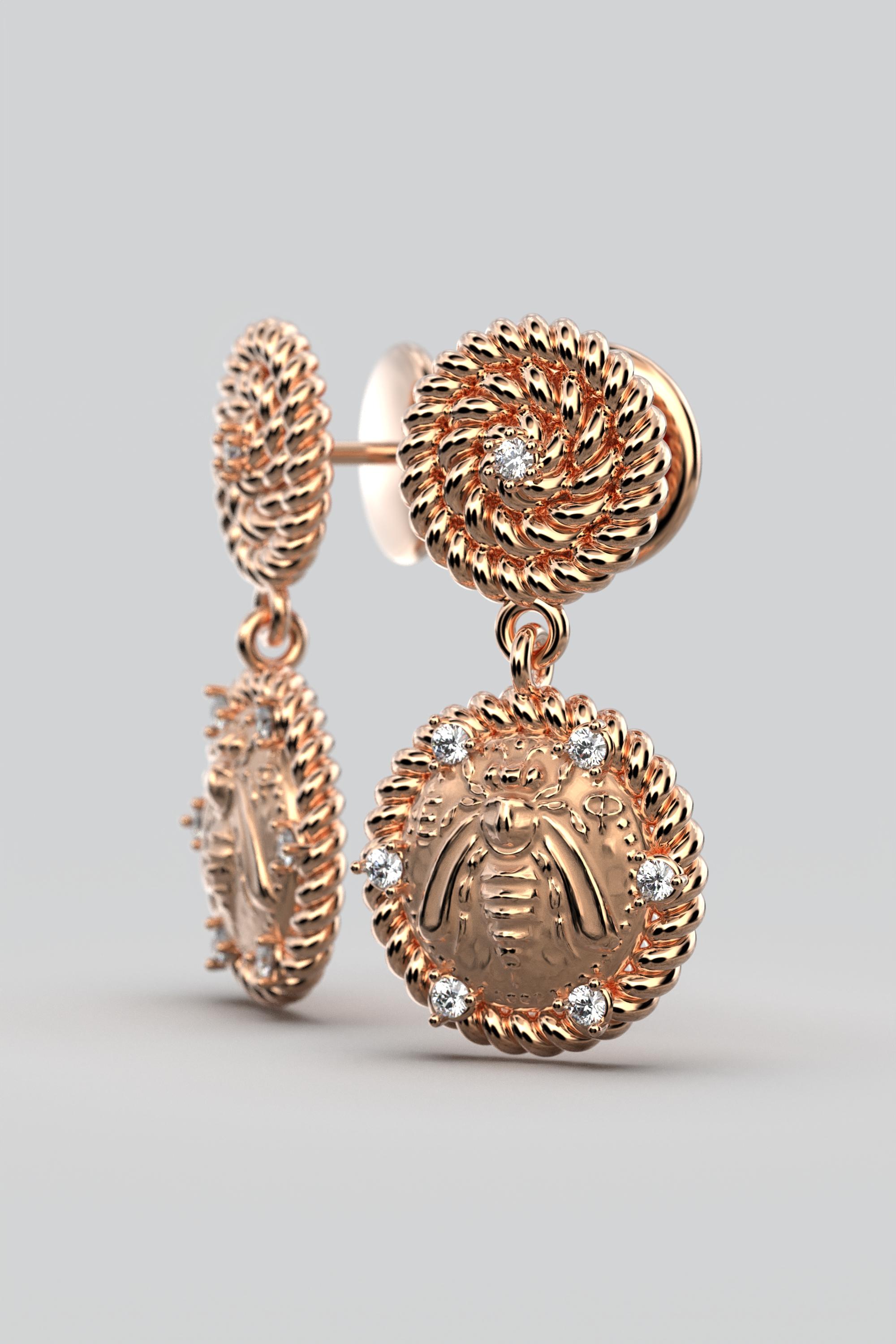 Italian Jewelry  14k Gold Dangle Earrings With Diamonds  Bee Earrings  For Sale 1