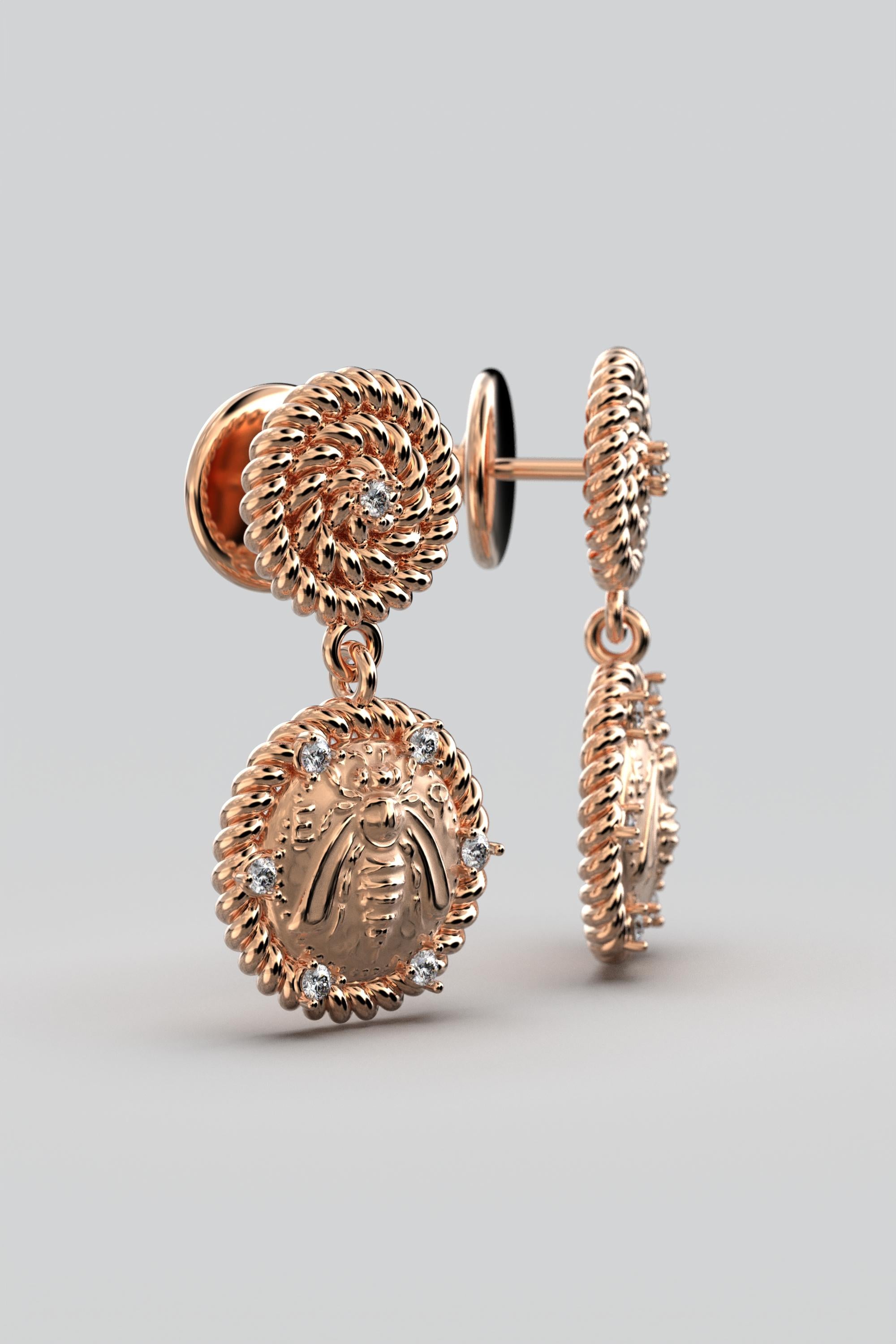 Italian Jewelry  14k Gold Dangle Earrings With Diamonds  Bee Earrings  For Sale 2