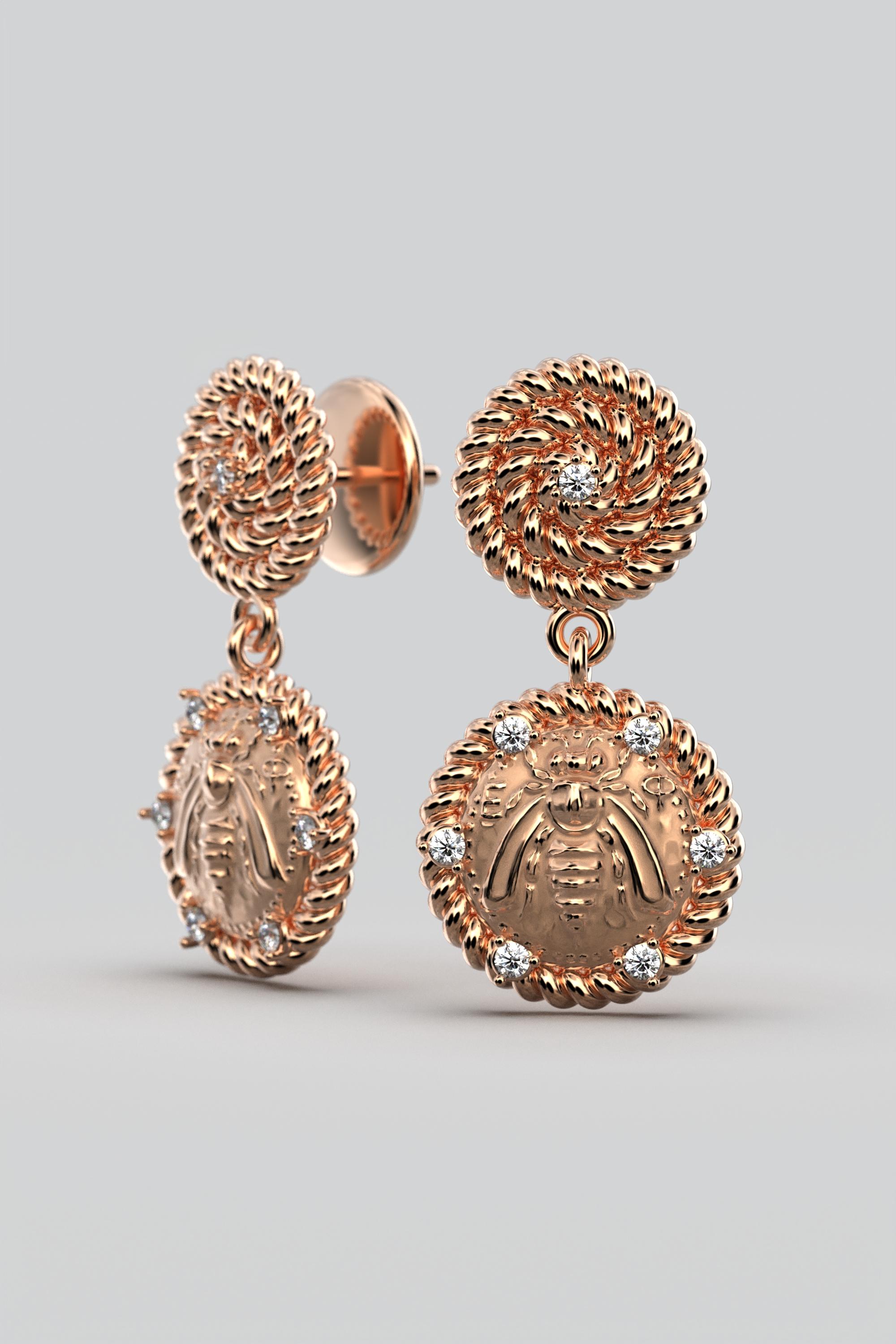 Italian Jewelry  14k Gold Dangle Earrings With Diamonds  Bee Earrings  For Sale 3