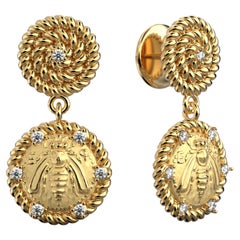 Italian Jewelry  14k Gold Dangle Earrings With Diamonds  Bee Earrings 