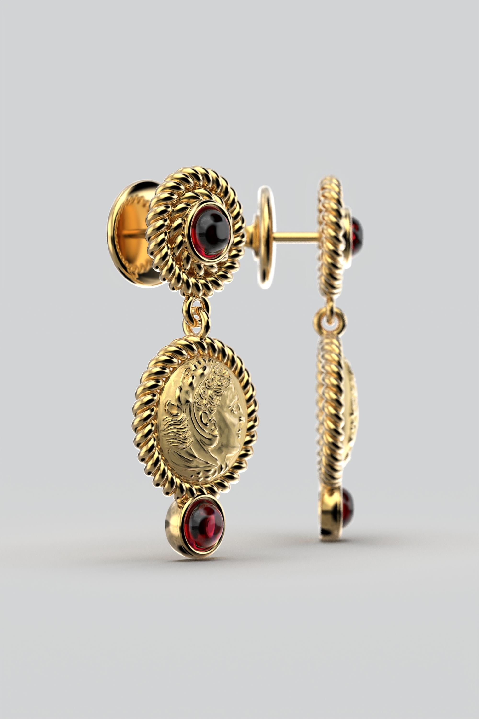 Made to order in 14k Gold and Natural Garnets.
Discover our exquisite Made in Italy Dangle Earrings, crafted with meticulous artistry in either 14k or 18k gold and adorned with stunning natural Garnet cabochons ( 4 mm). Inspired by the grandeur of