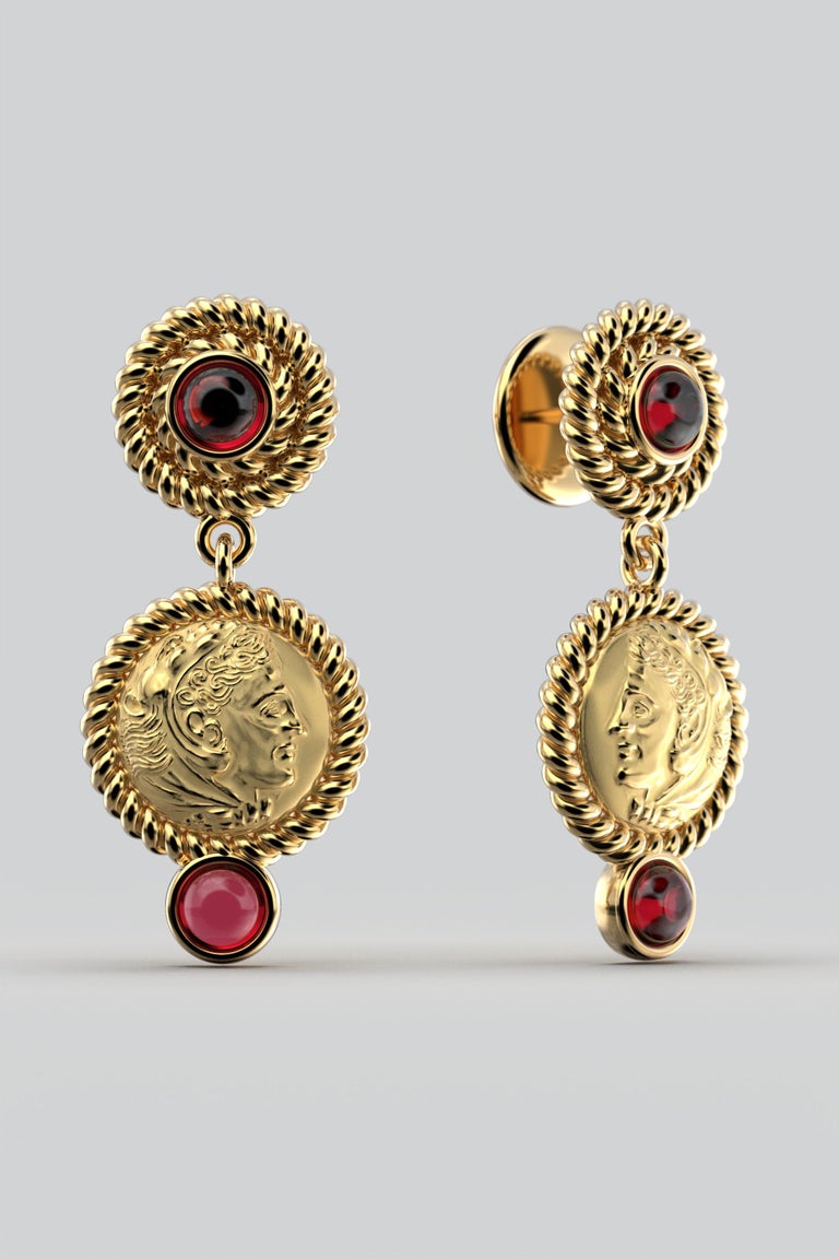 Italian Jewelry 14k Gold Dangle Earrings With Garnets Ancient